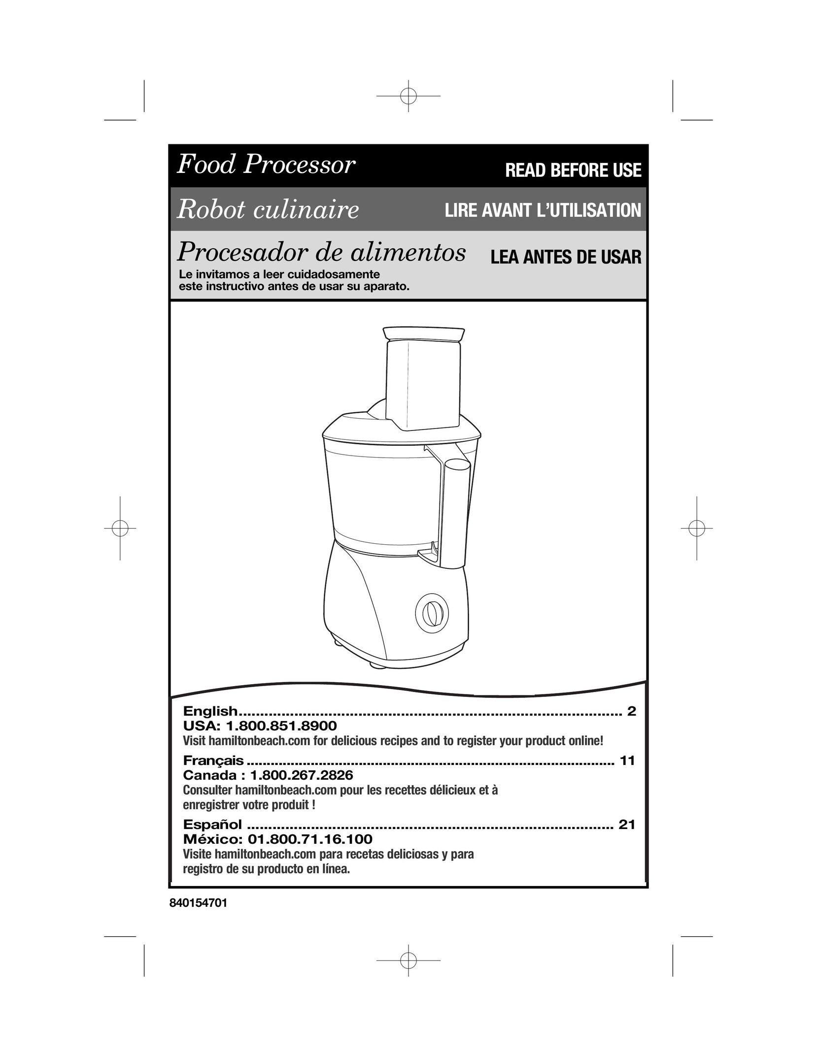 Hamilton Beach 70610 Food Processor User Manual