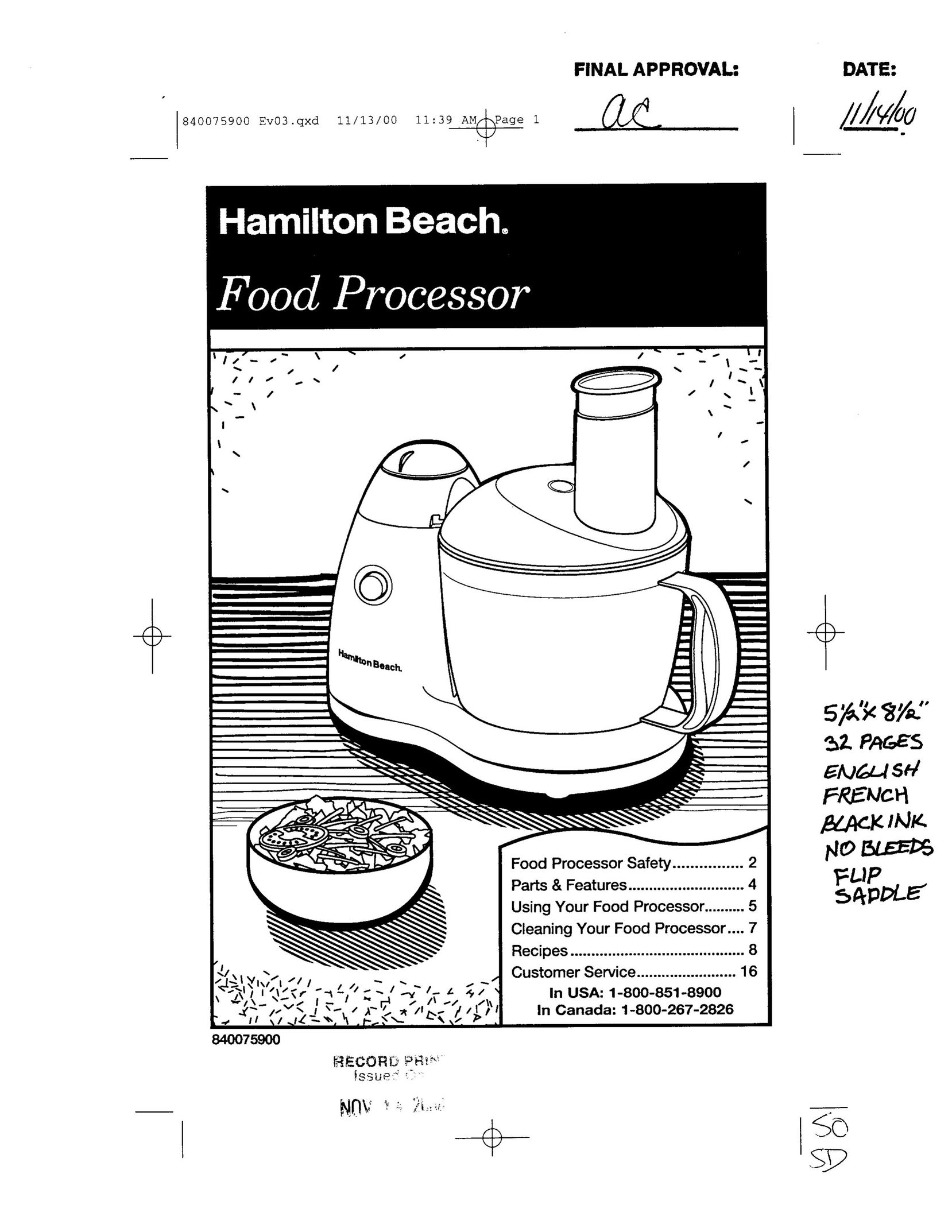 Hamilton Beach 840075900 Food Processor User Manual