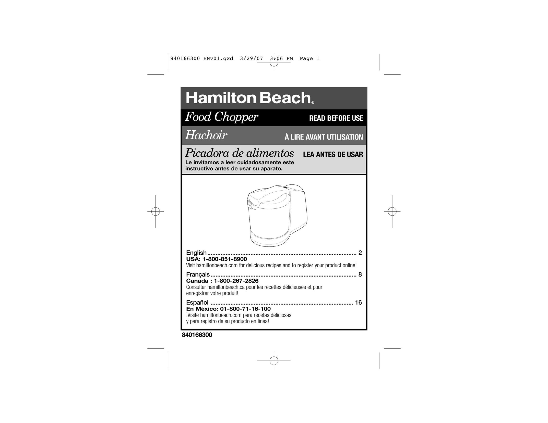 Hamilton Beach 840166300 Food Processor User Manual