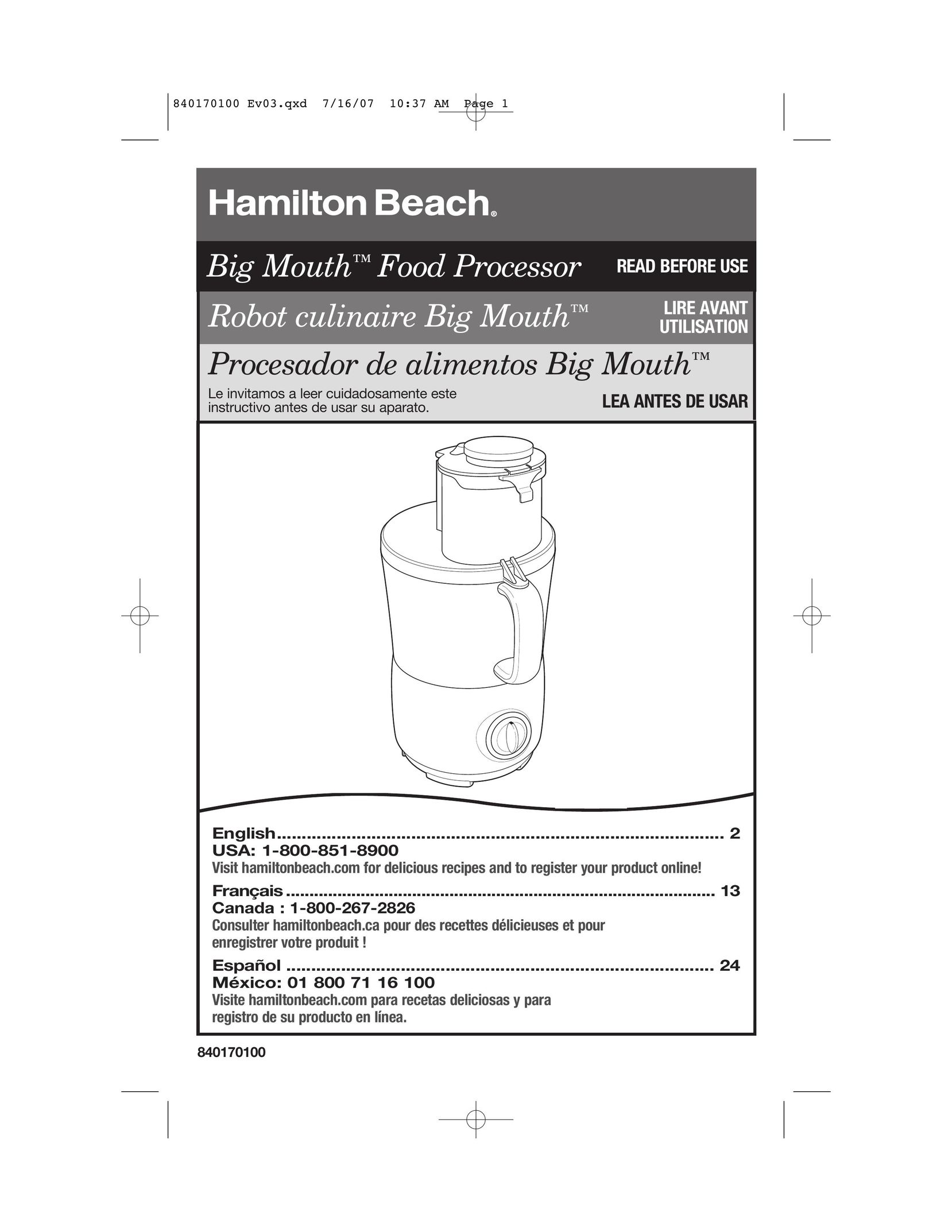 Hamilton Beach 840170100 Food Processor User Manual