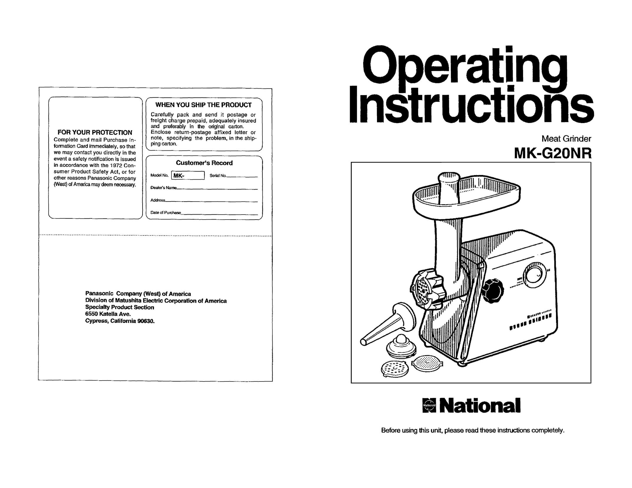 Panasonic MKG20NRW Food Processor User Manual