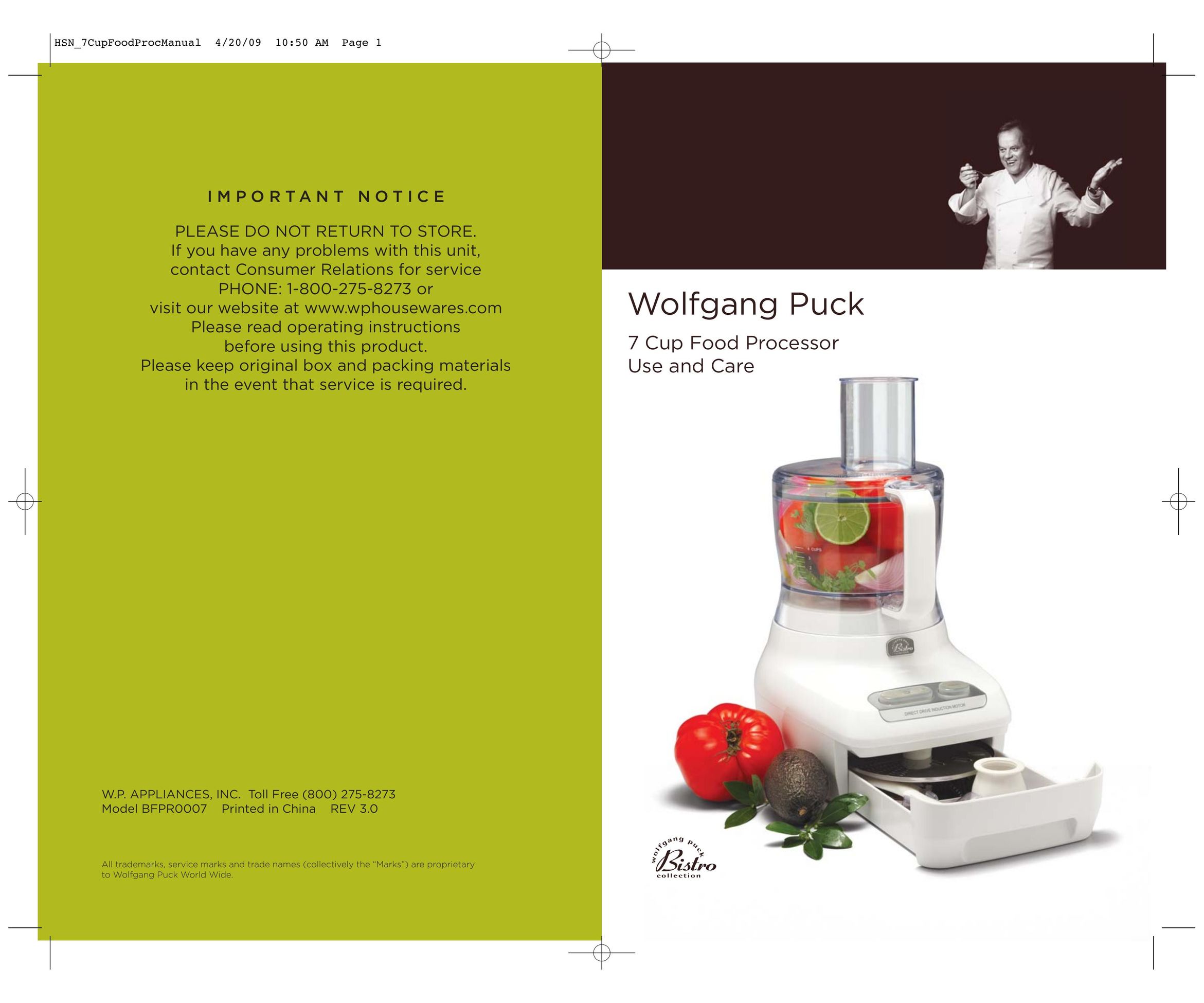 Wolfgang Puck BFPR0007 Food Processor User Manual