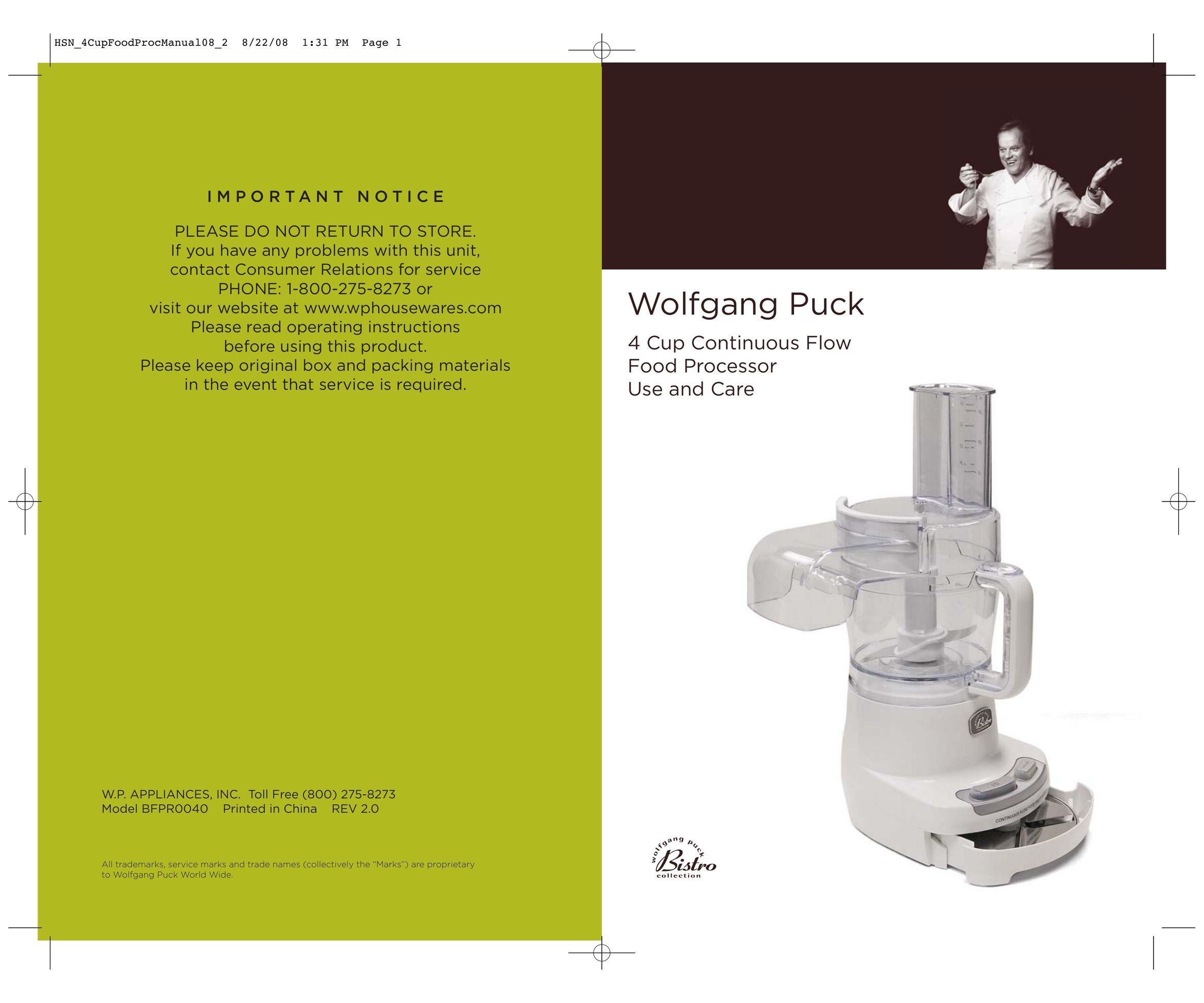 Wolfgang Puck BFPR0040 Food Processor User Manual