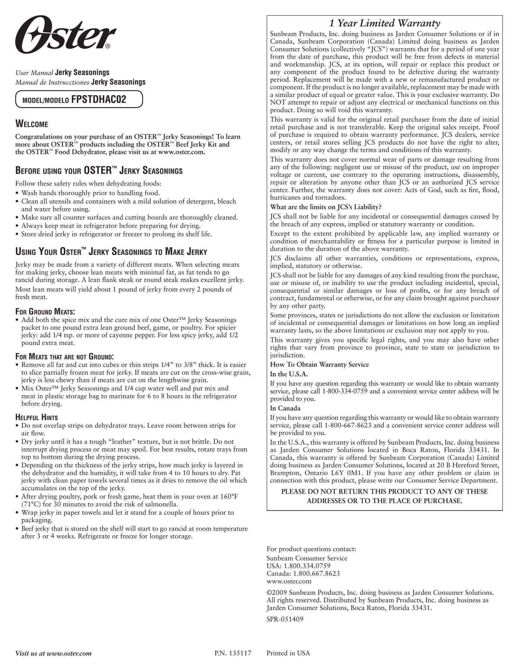 Oster FPSTDHAC02 Food Saver User Manual