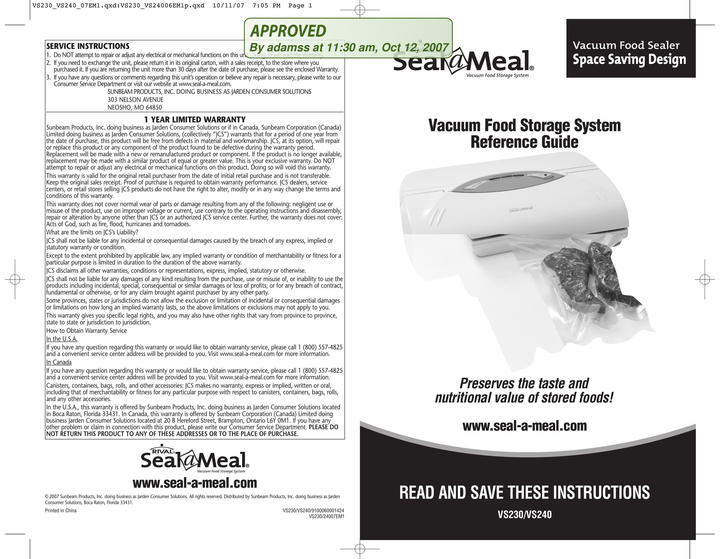 Seal-a-Meal VS240 Food Saver User Manual