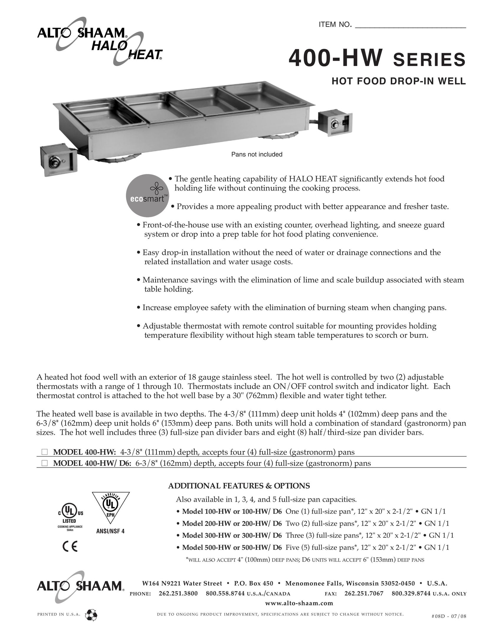 Alto-Shaam 400-HW Food Warmer User Manual