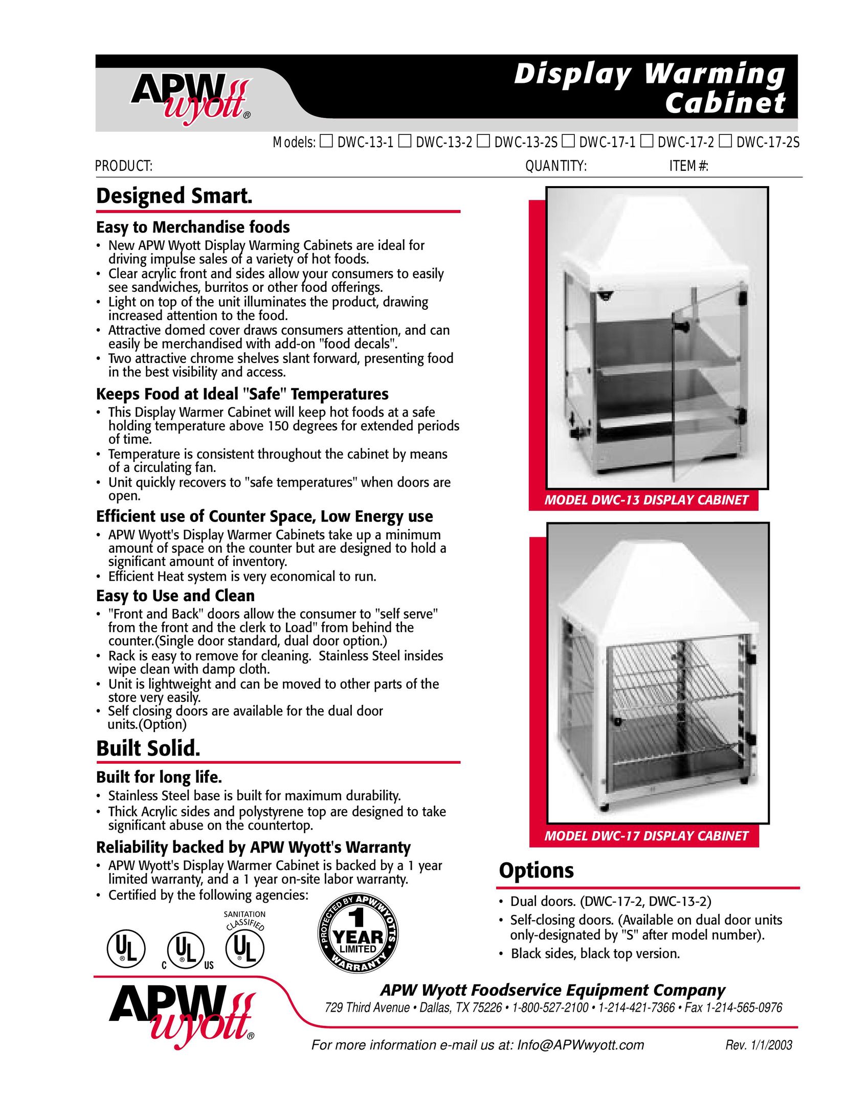 APW Wyott DWC-17-2 Food Warmer User Manual