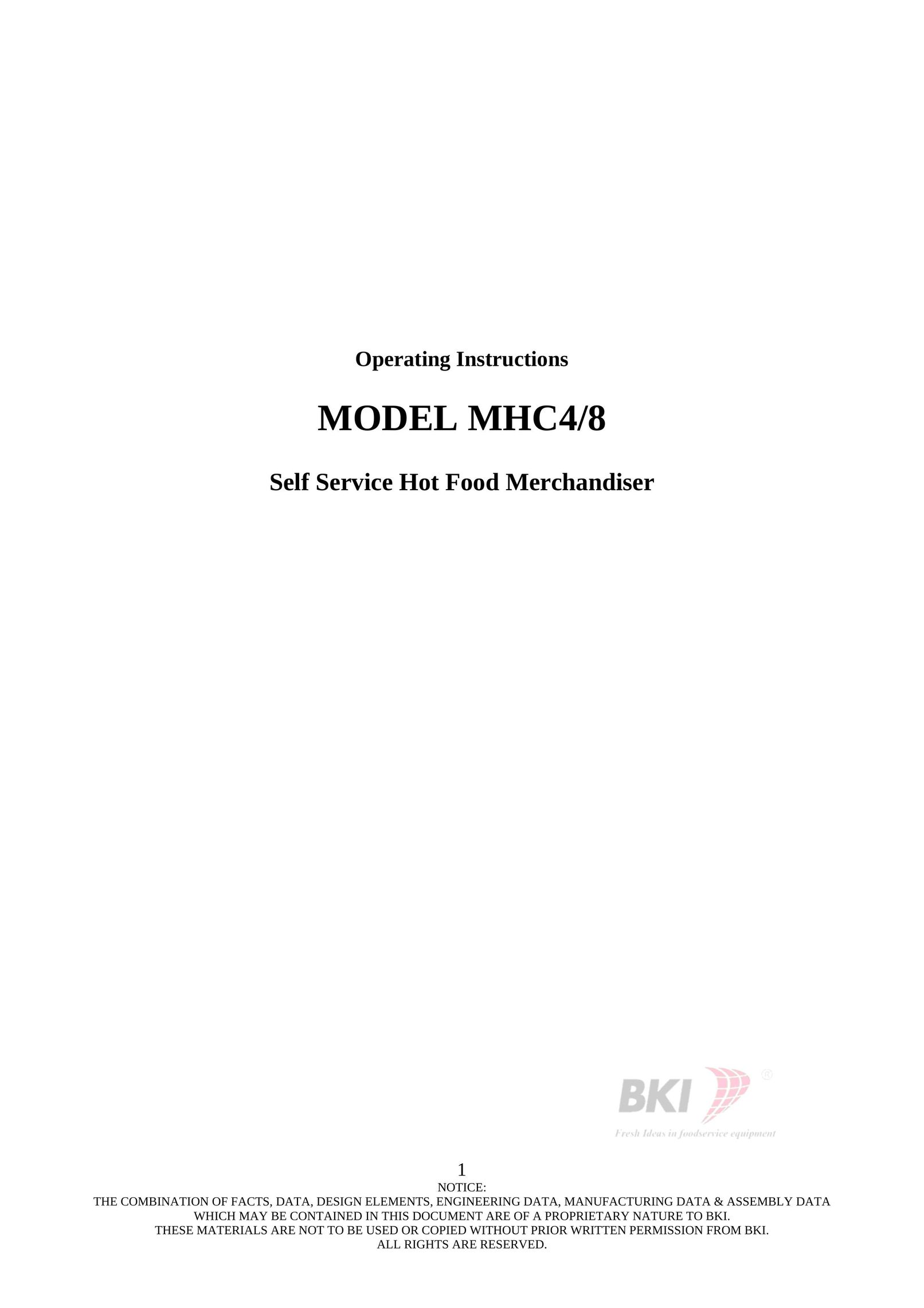 Bakers Pride Oven MODEL MHC4/8 Food Warmer User Manual