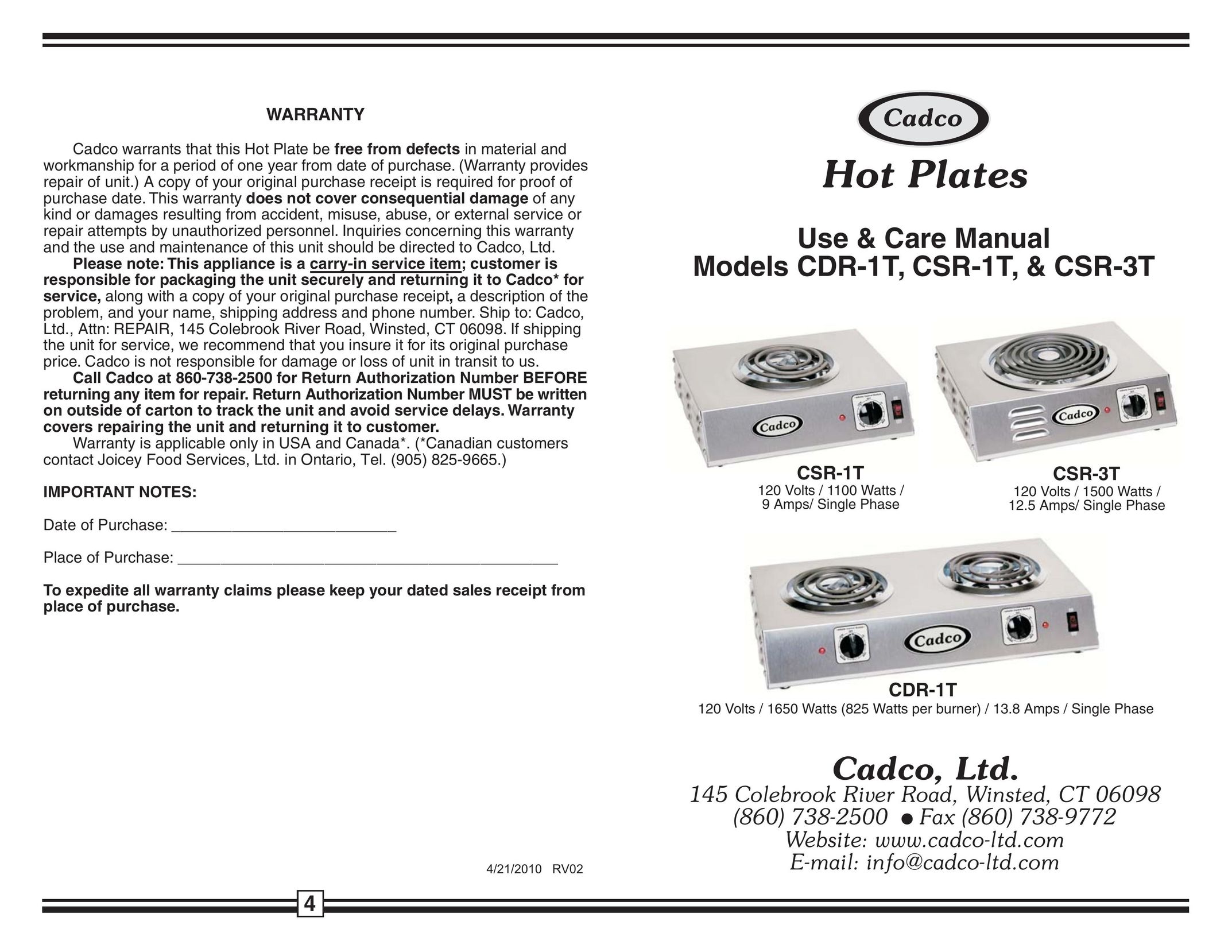 Cadco CDR-1T Food Warmer User Manual