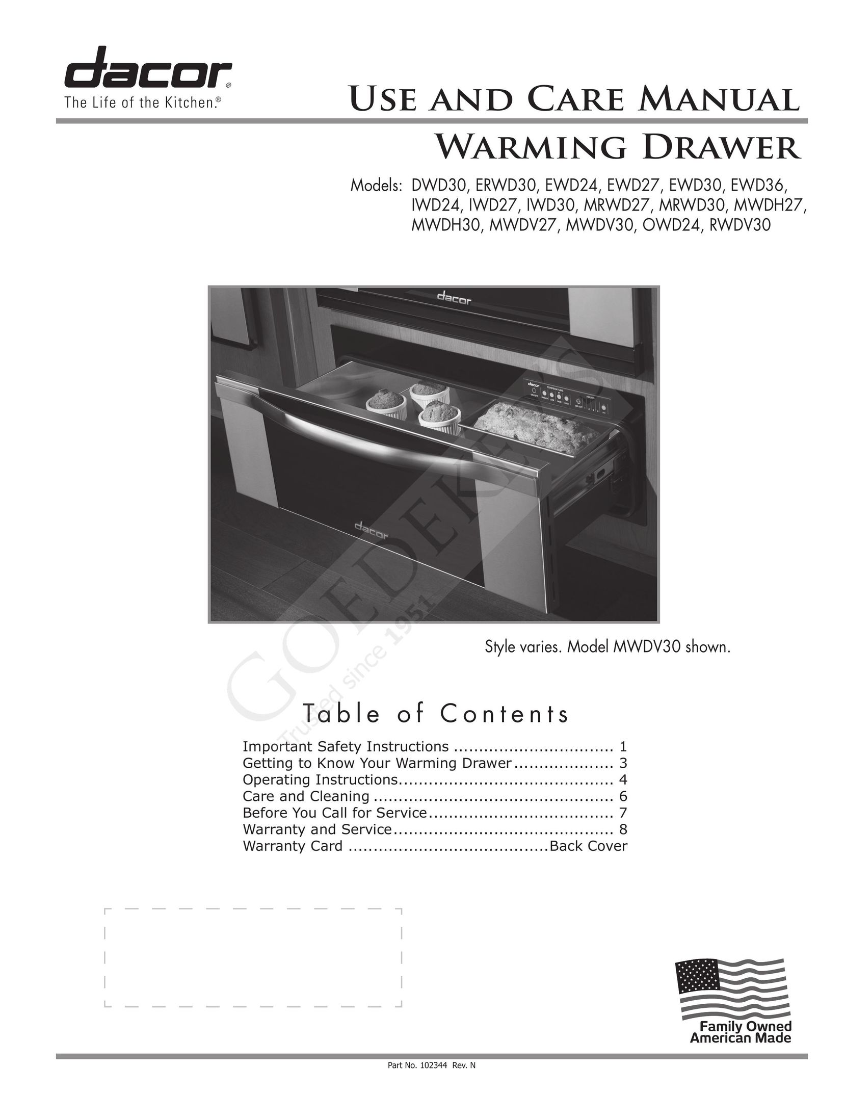 Dacor IWD30 Food Warmer User Manual