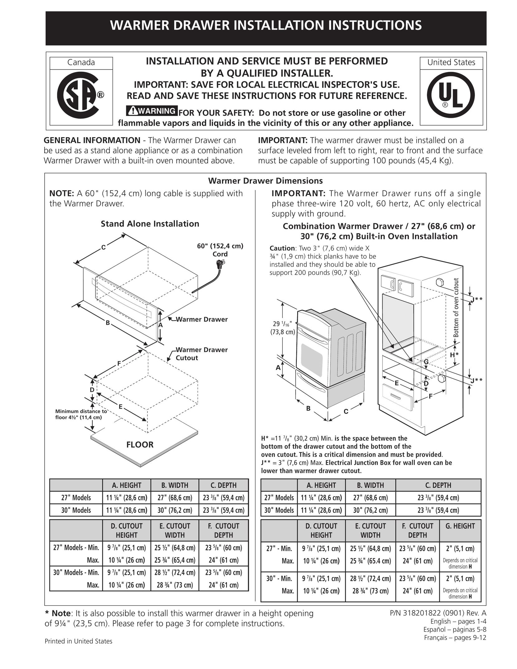 Frigidaire 318201822 Food Warmer User Manual