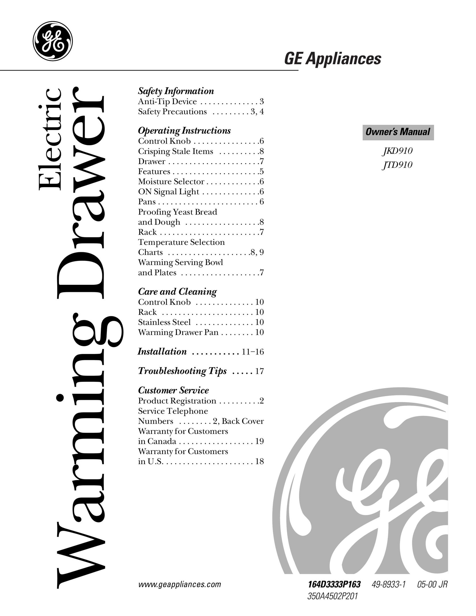 GE JTD910WBWW Food Warmer User Manual