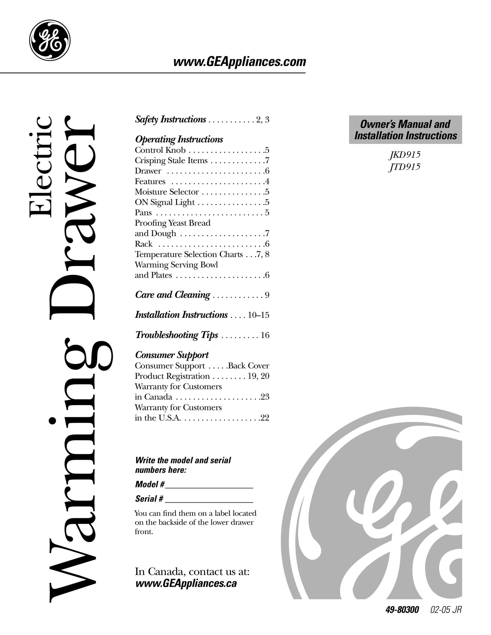 GE JTD915 Food Warmer User Manual