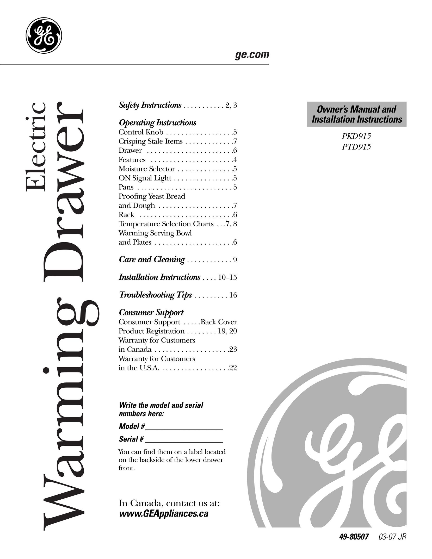 GE PTD915 Food Warmer User Manual