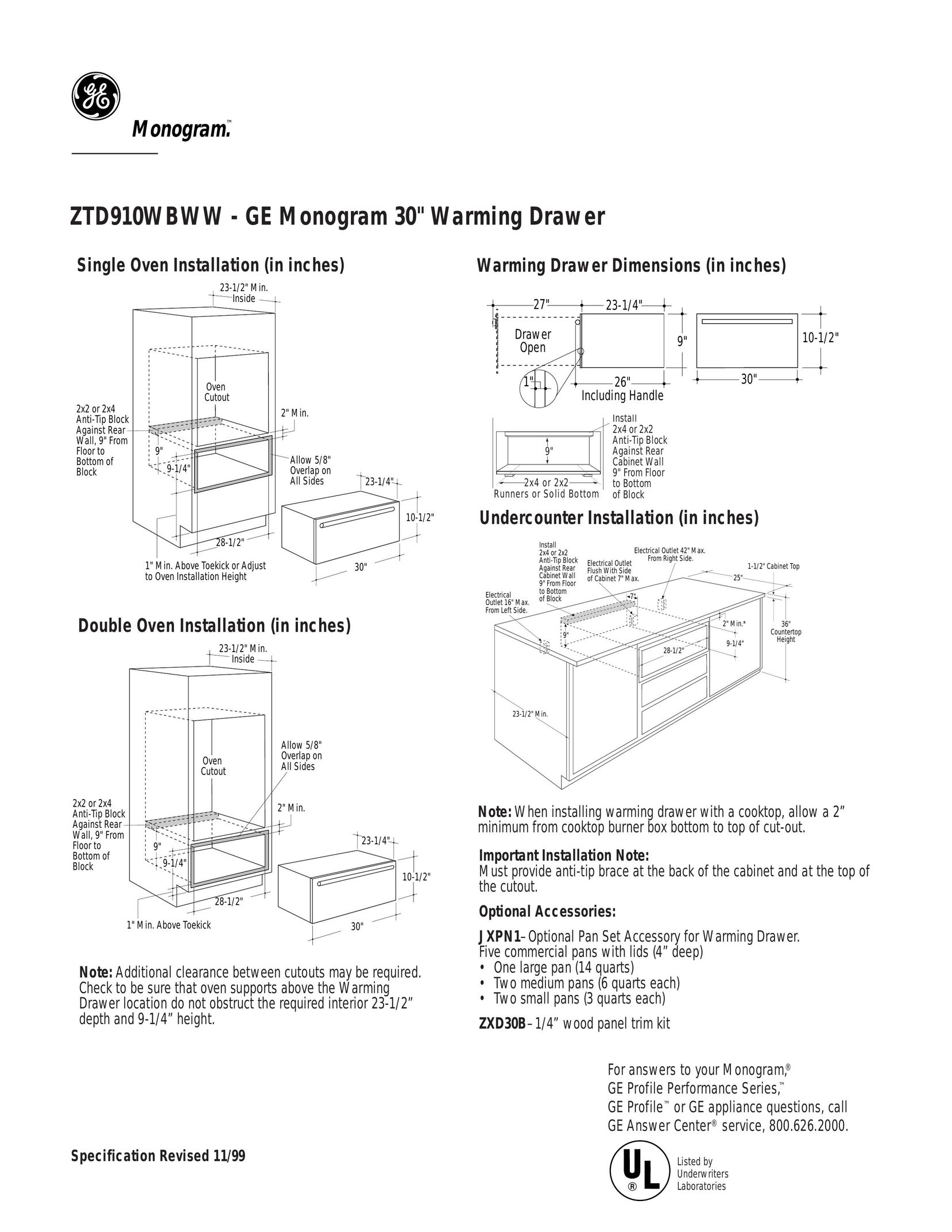 GE Monogram ZTD910WBWW Food Warmer User Manual