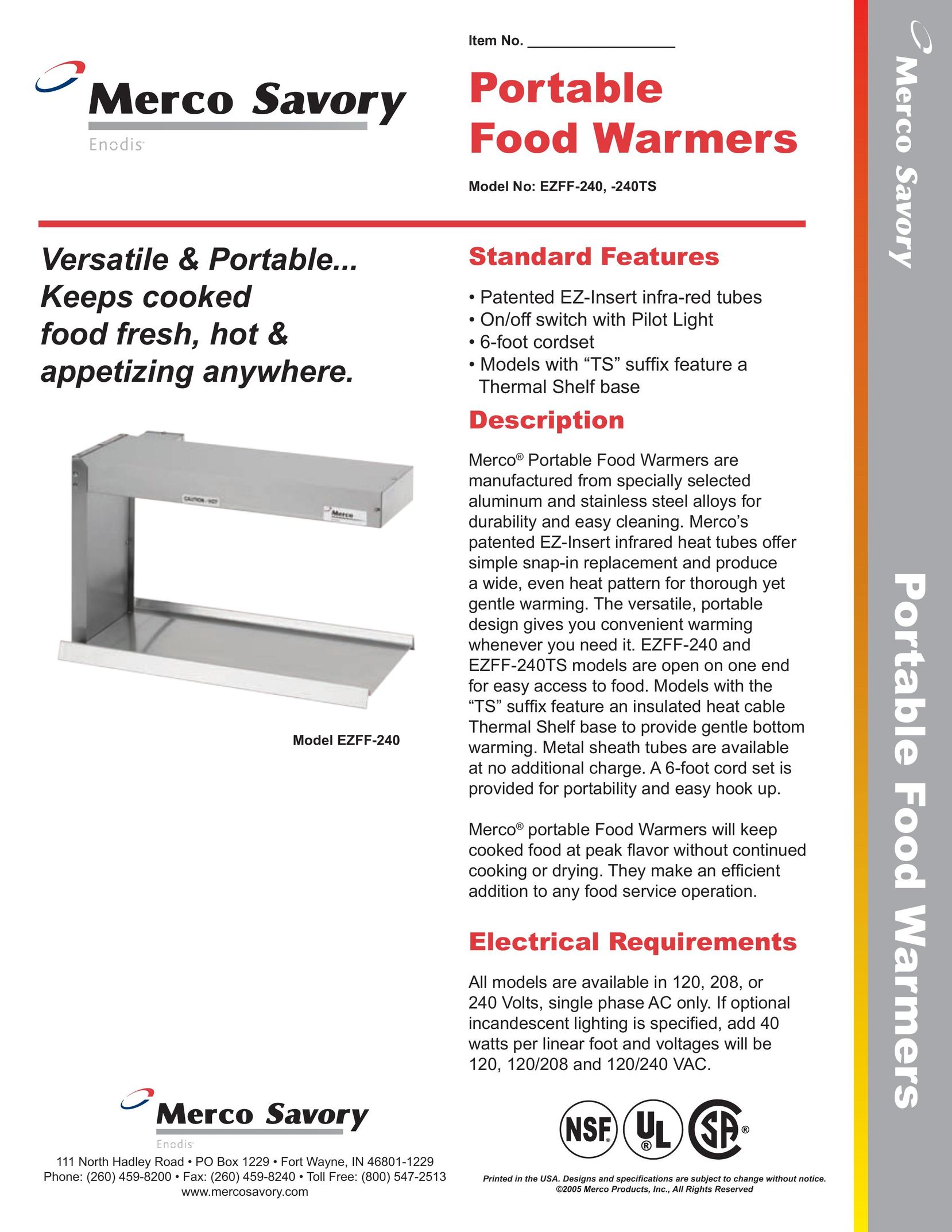 Merco Savory EZFF-240TS Food Warmer User Manual
