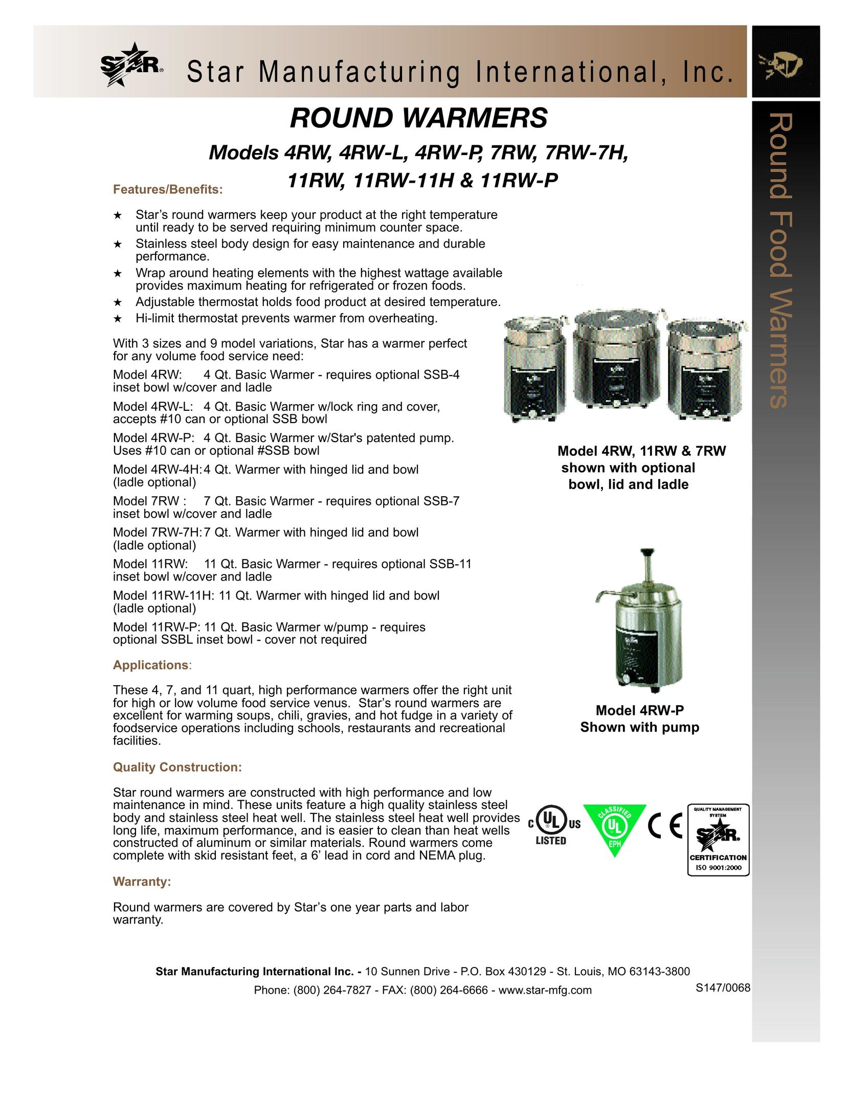 Star Manufacturing 7RW-7H Food Warmer User Manual