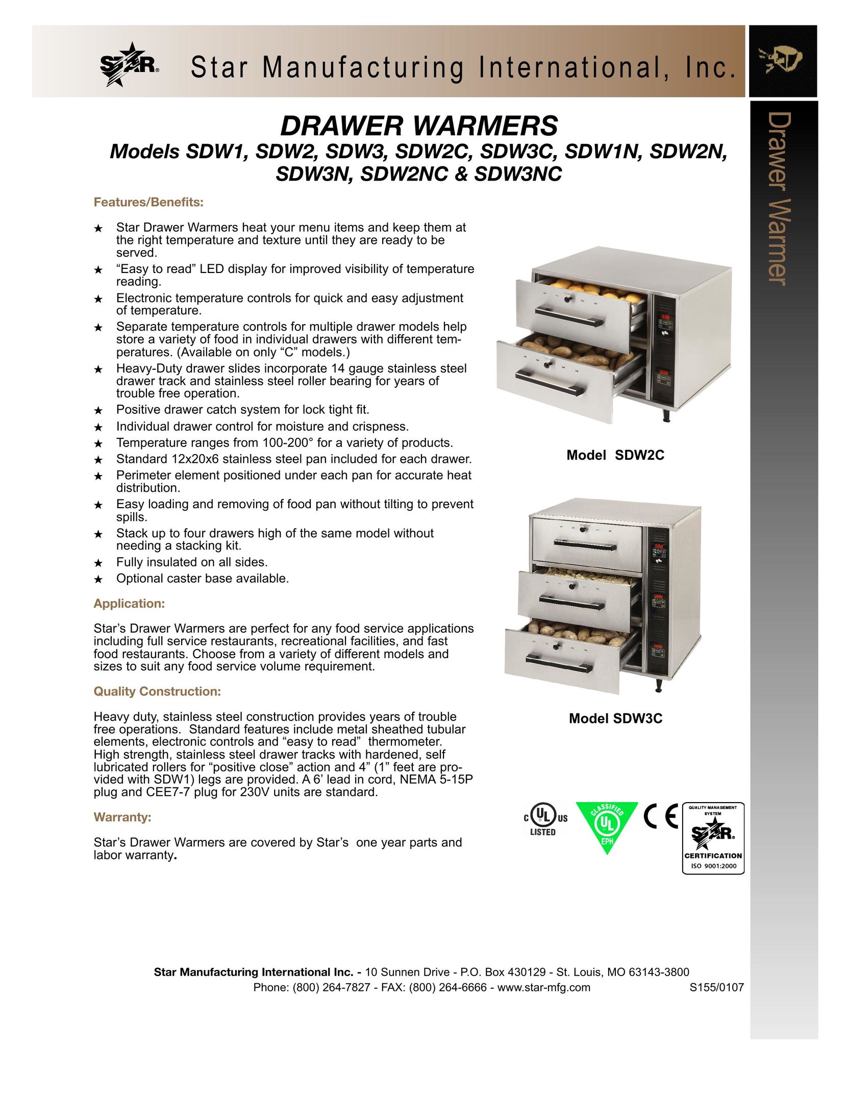 Star Manufacturing SDW2C Food Warmer User Manual
