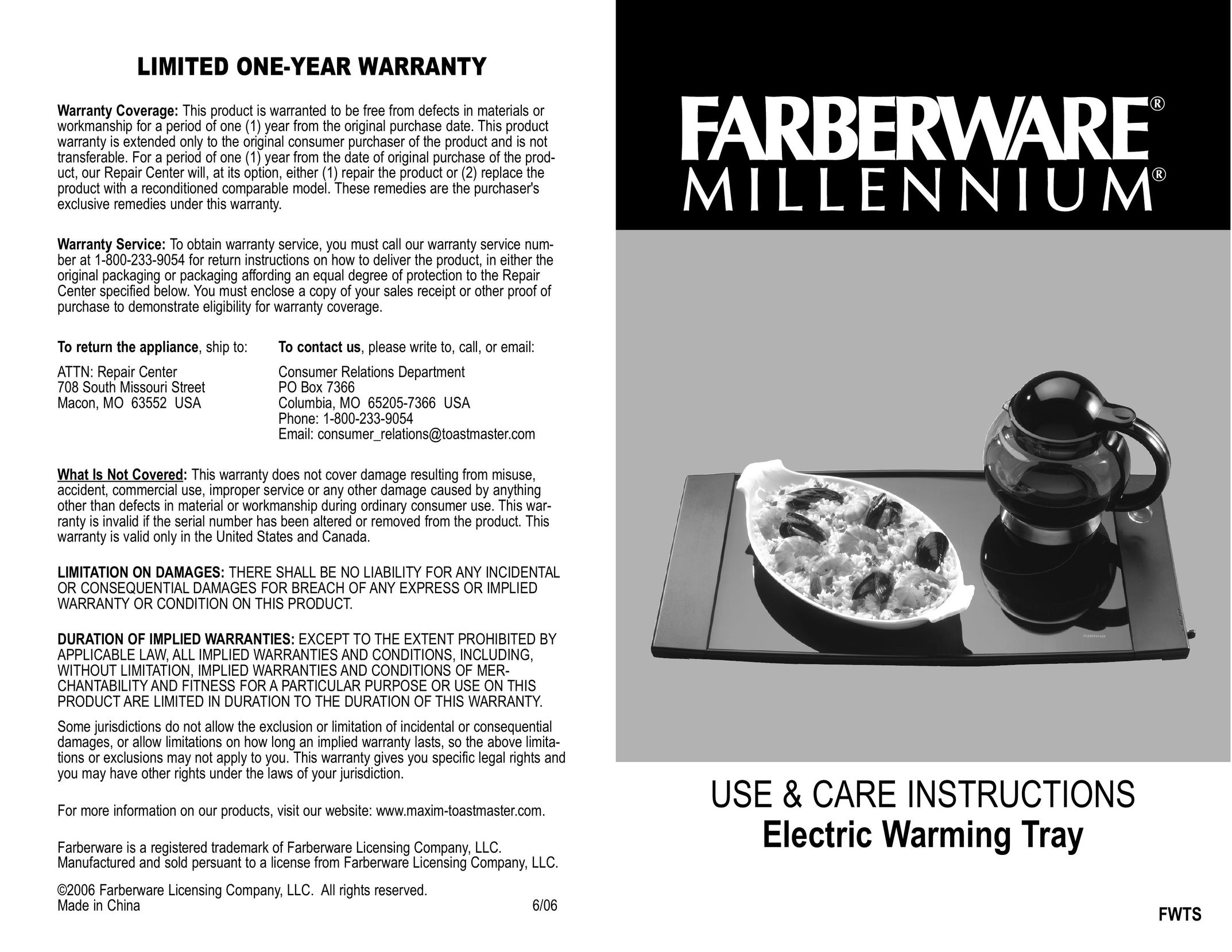 Toastmaster FWTS Food Warmer User Manual
