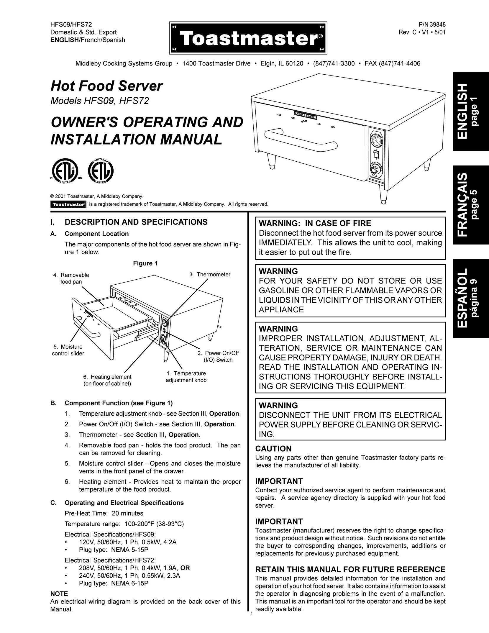 Toastmaster HFS09 Food Warmer User Manual