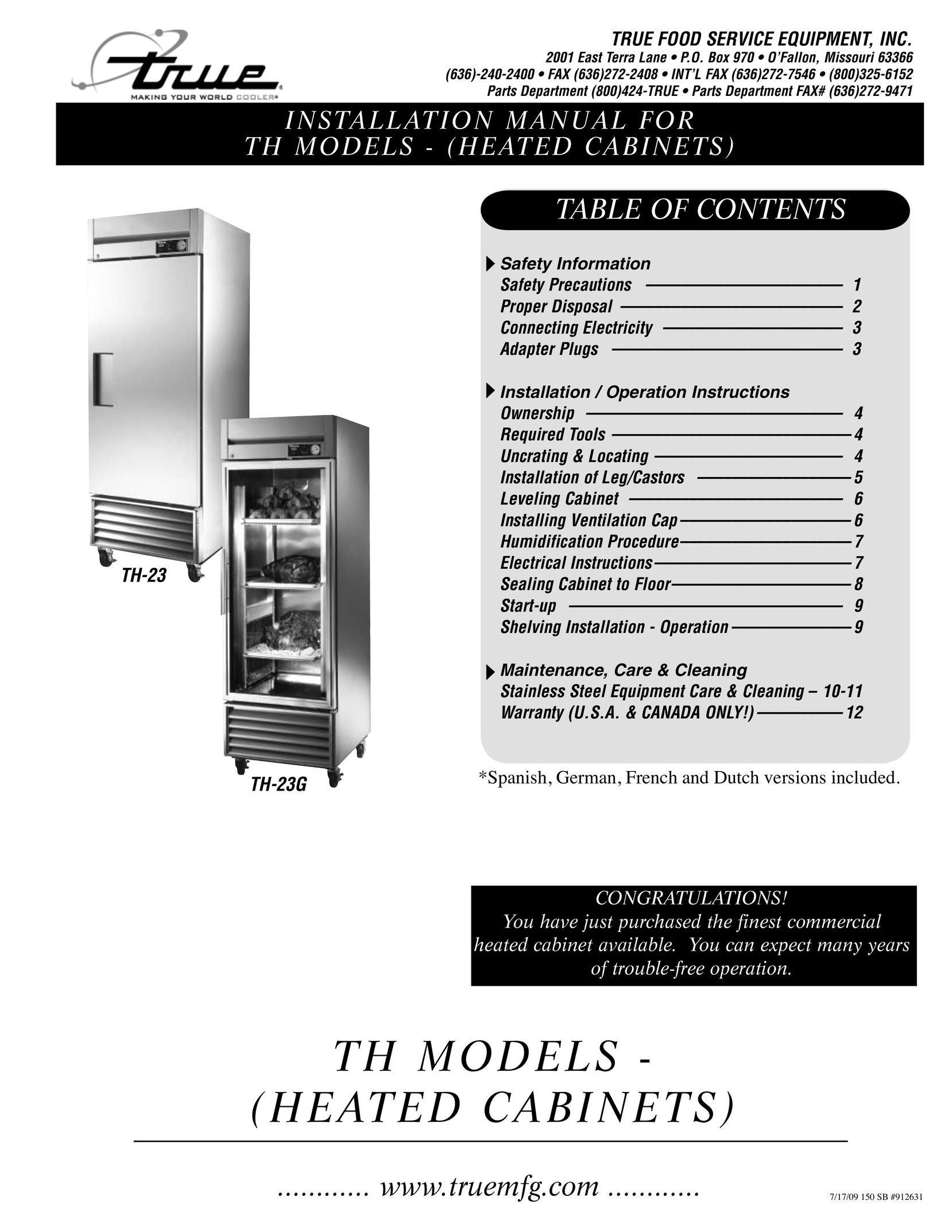 True Manufacturing Company TH-23 Food Warmer User Manual
