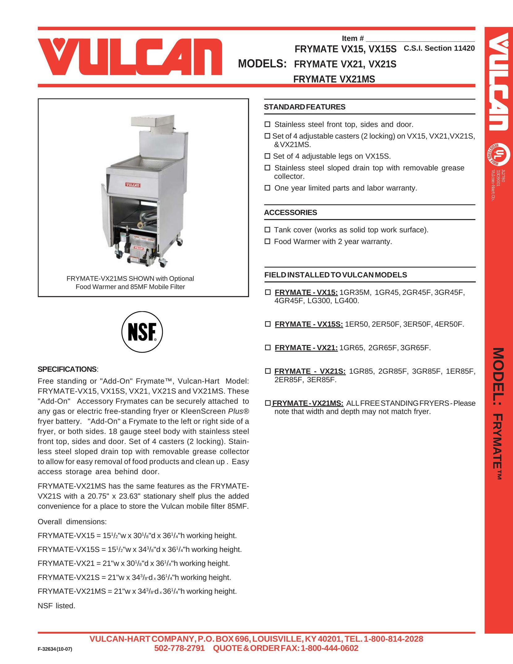 Vulcan-Hart FRYMATE VX21 Food Warmer User Manual