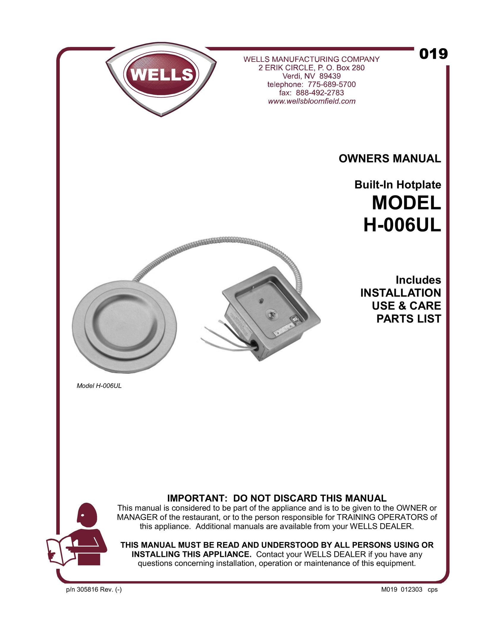 Wells H-006UL Food Warmer User Manual