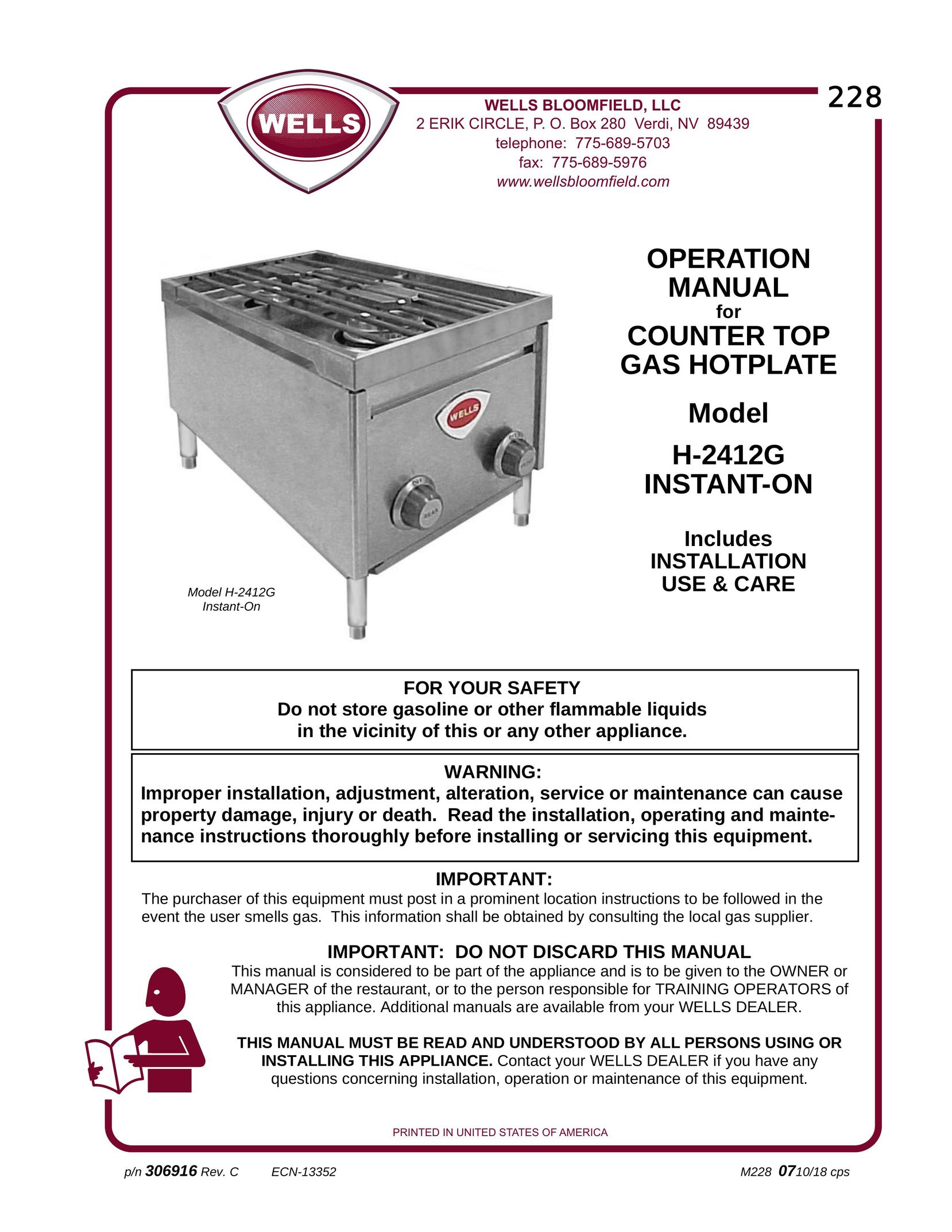 Wells H-2412G Food Warmer User Manual