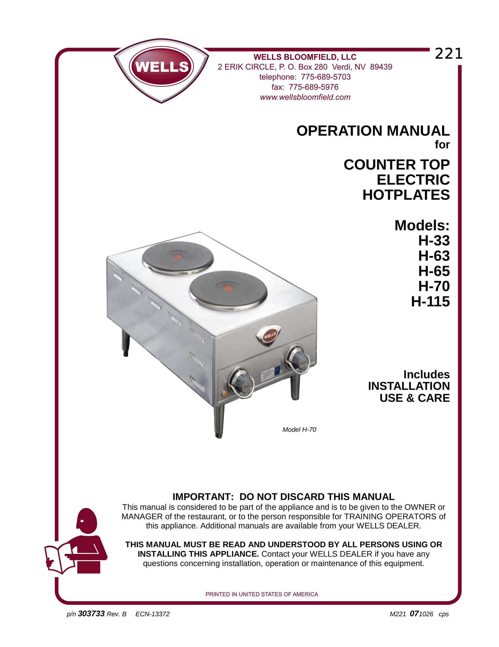 Wells H-33 Food Warmer User Manual