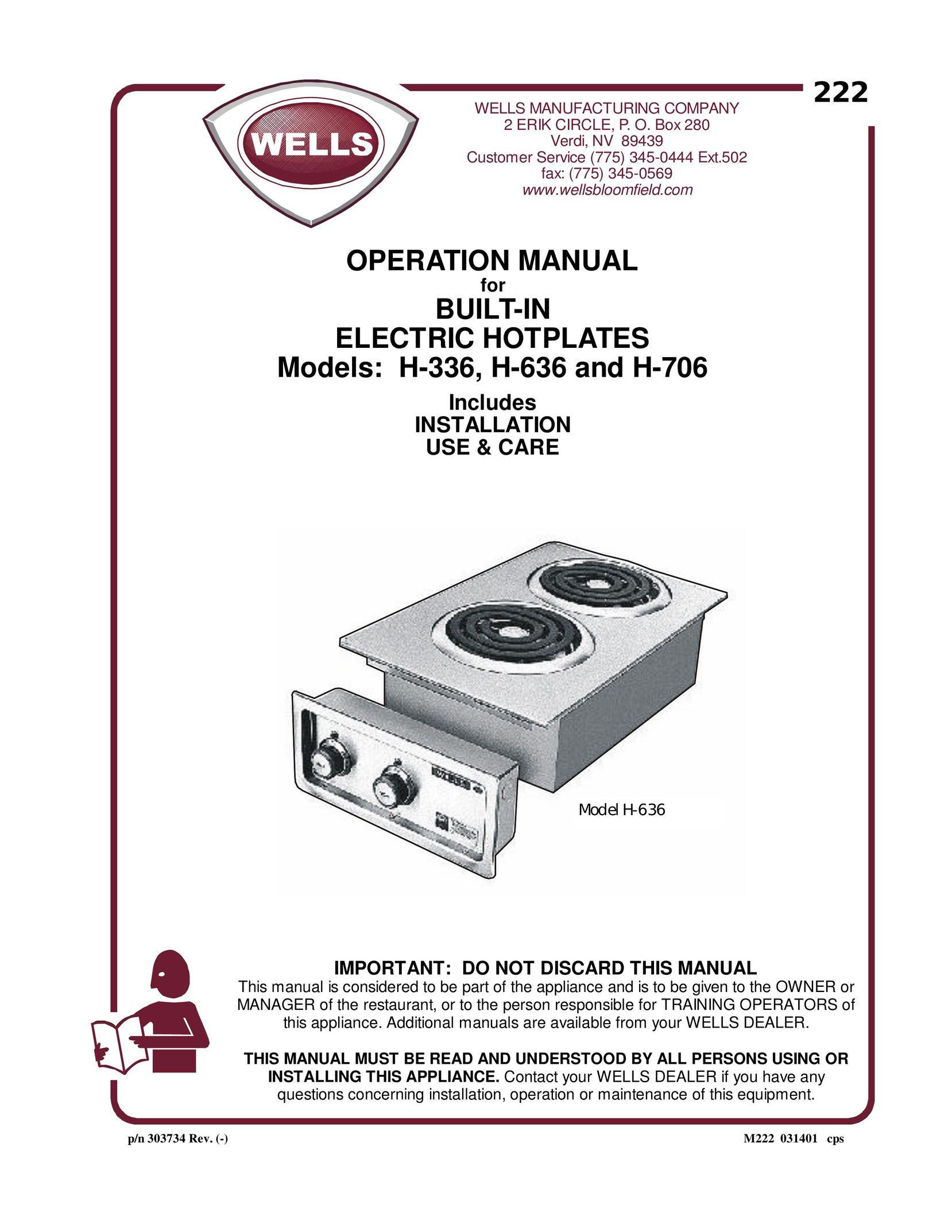 Wells H-336 Food Warmer User Manual