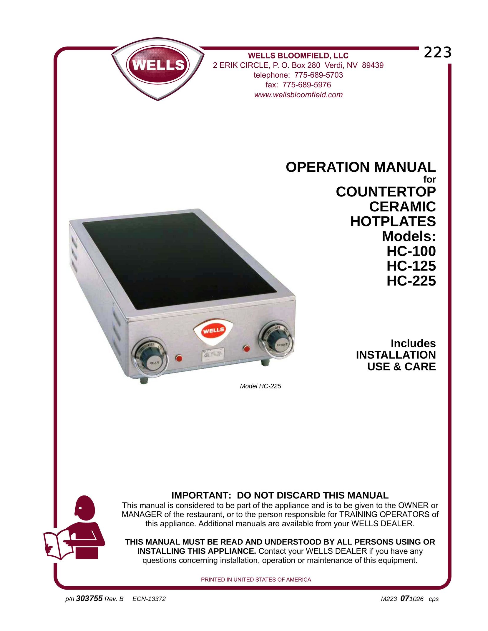 Wells HC-225 Food Warmer User Manual