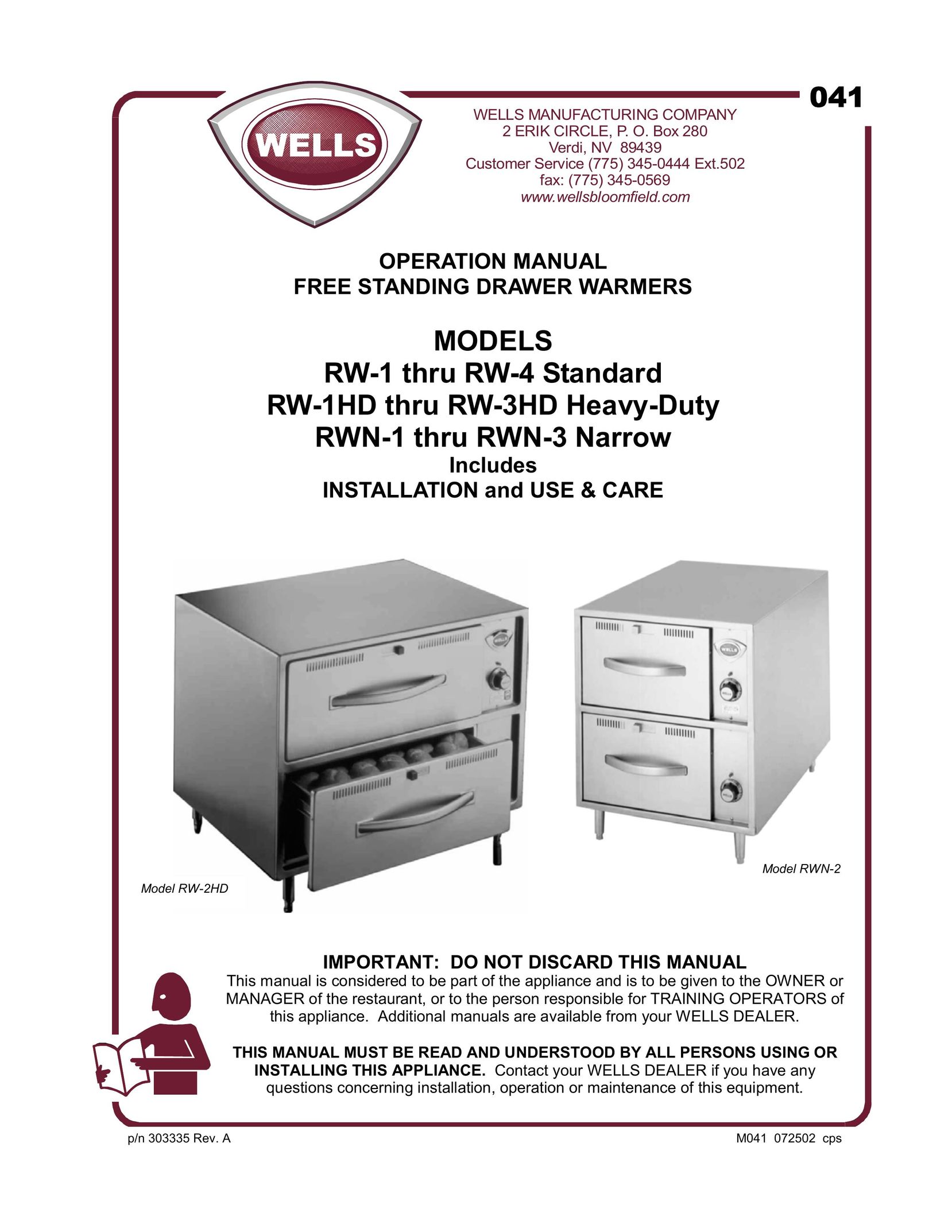 Wells RW-1 thru RW-4 Standard Food Warmer User Manual