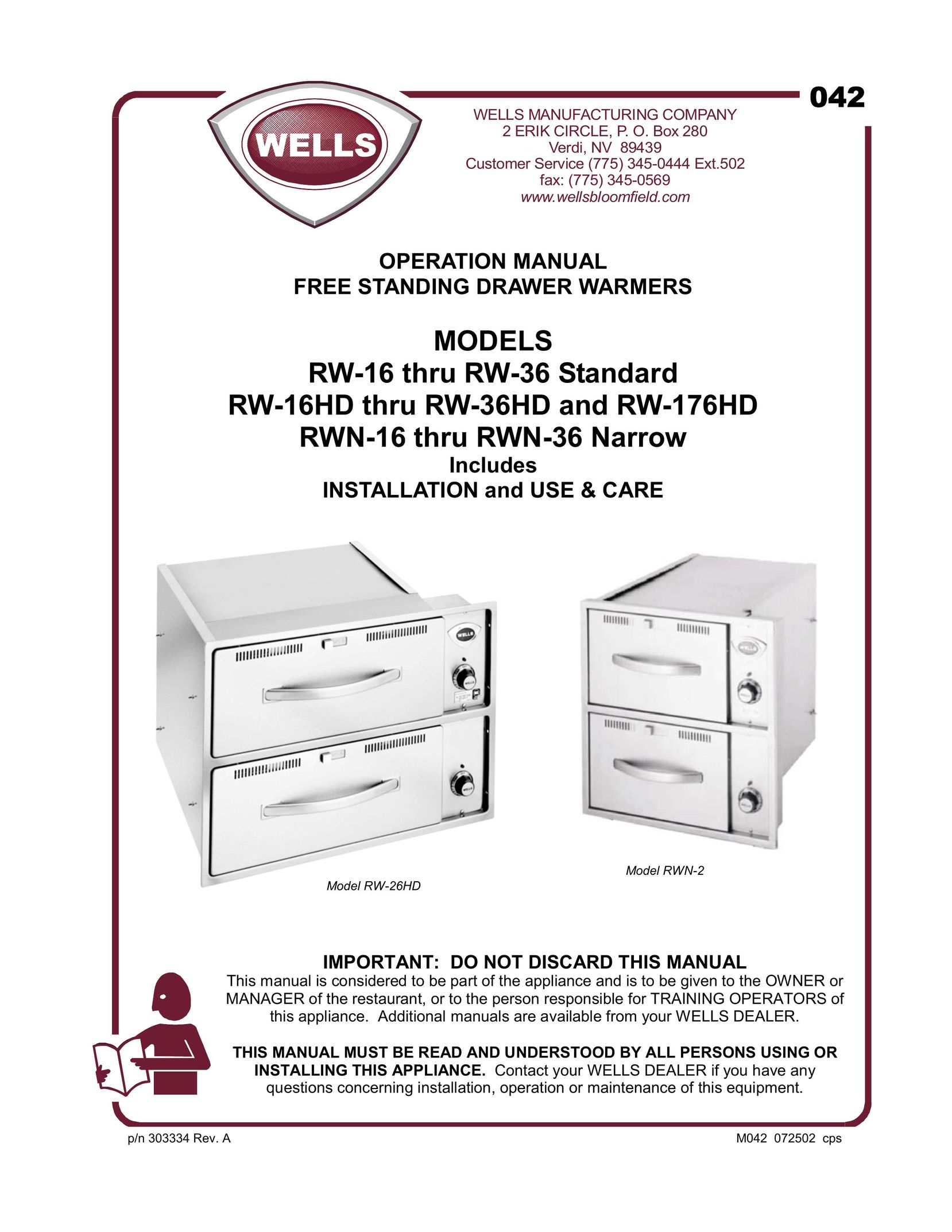 Wells RWN-2 Food Warmer User Manual