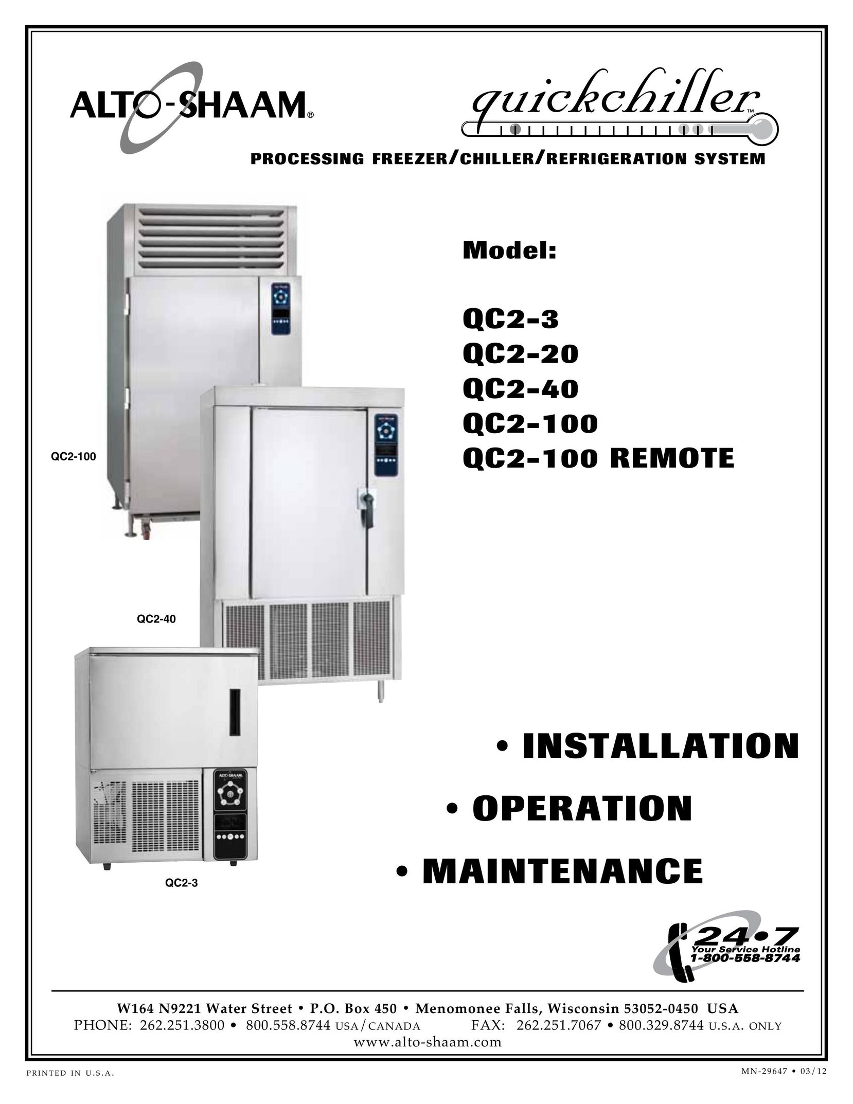 Alto-Shaam QC2-100 REMOTE Freezer User Manual