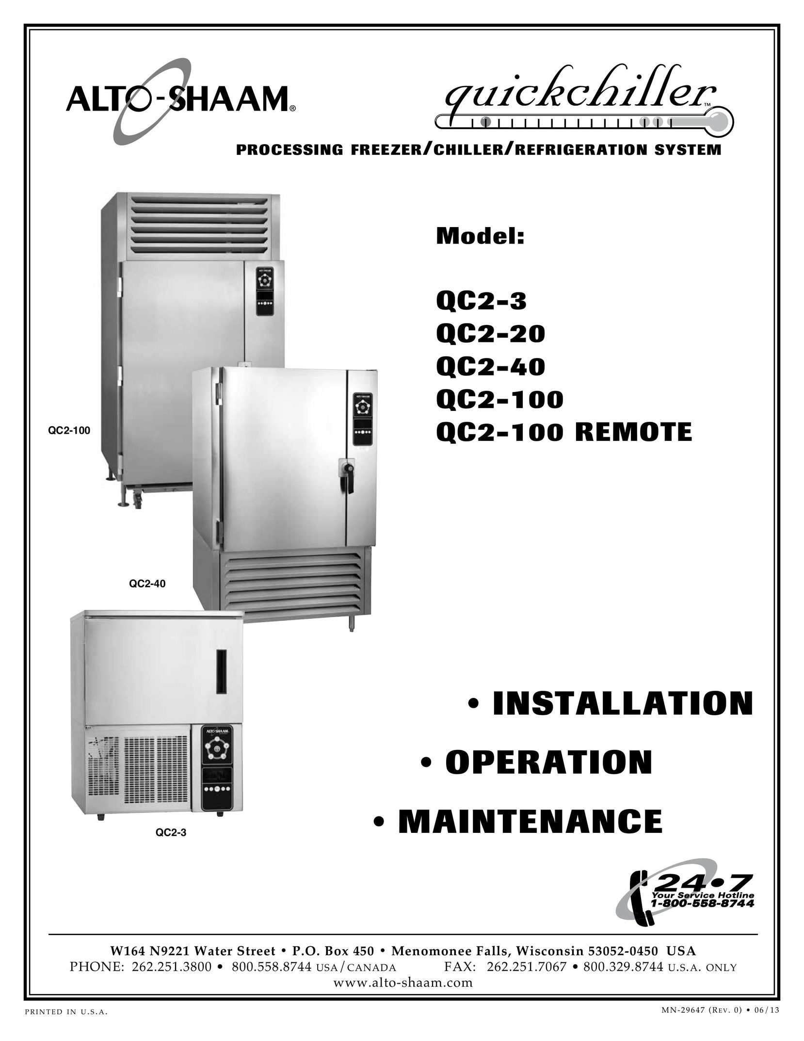 Alto-Shaam Quickchiller Processing Freezer/Chiller/Refrigeration System Freezer User Manual