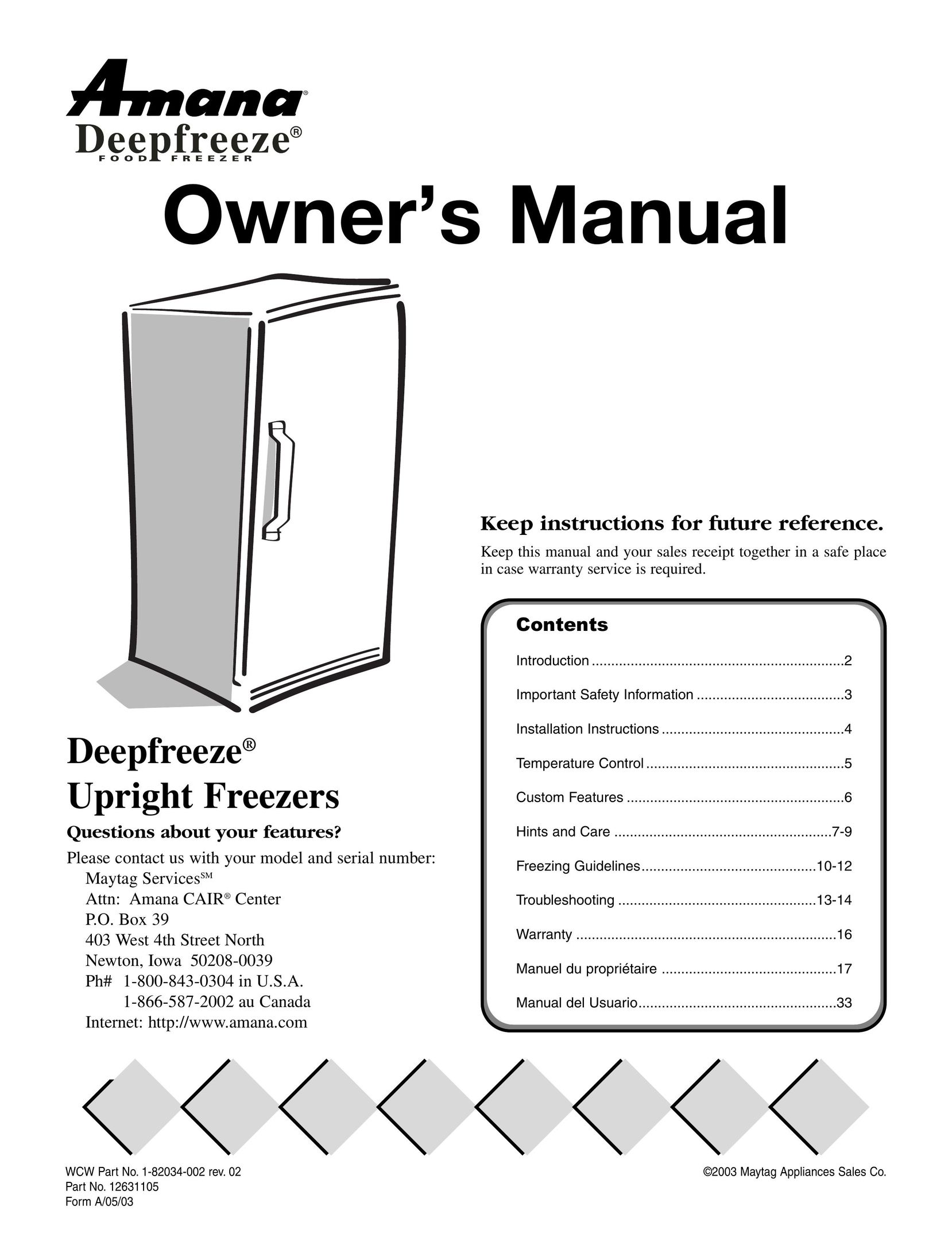 Amana 1-82034-002 Freezer User Manual