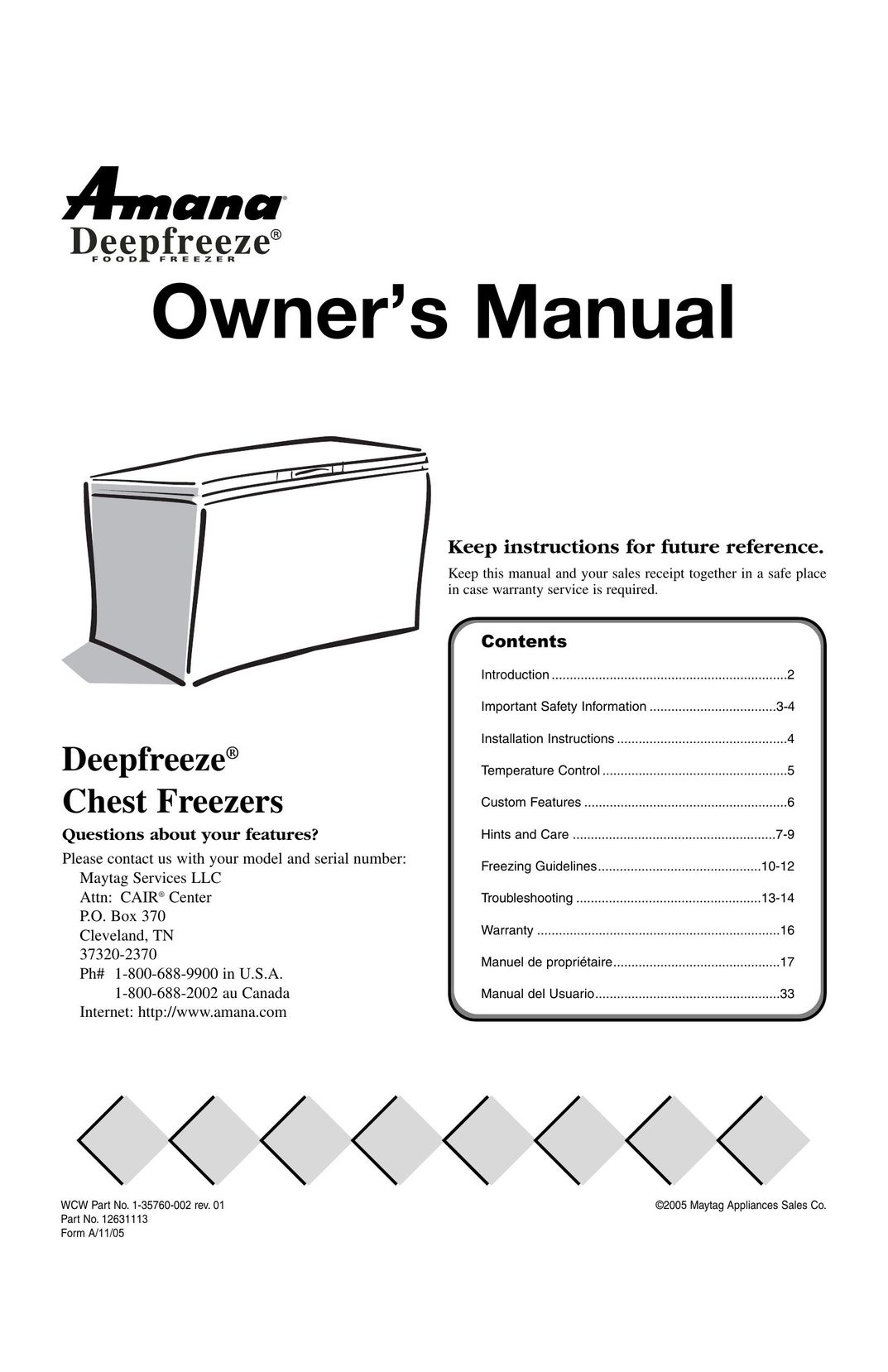 Amana Deepfreeze Chest Freezer Freezer User Manual