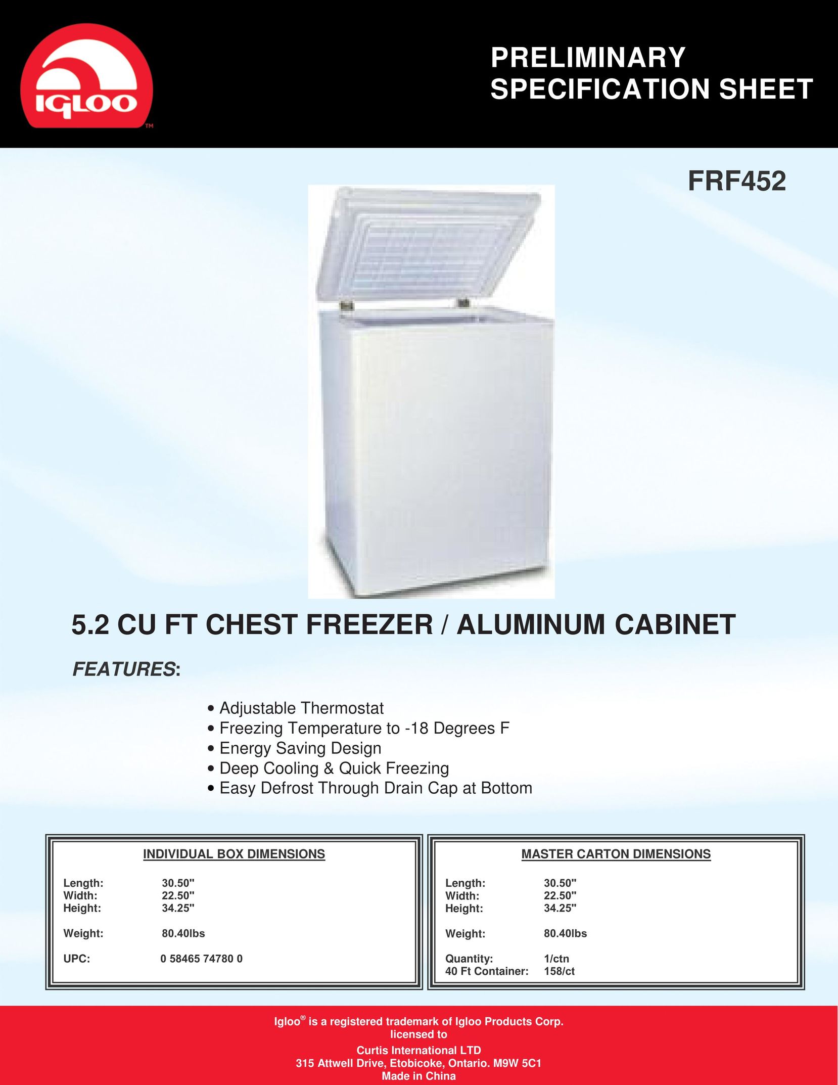 Curtis FRF452 Freezer User Manual