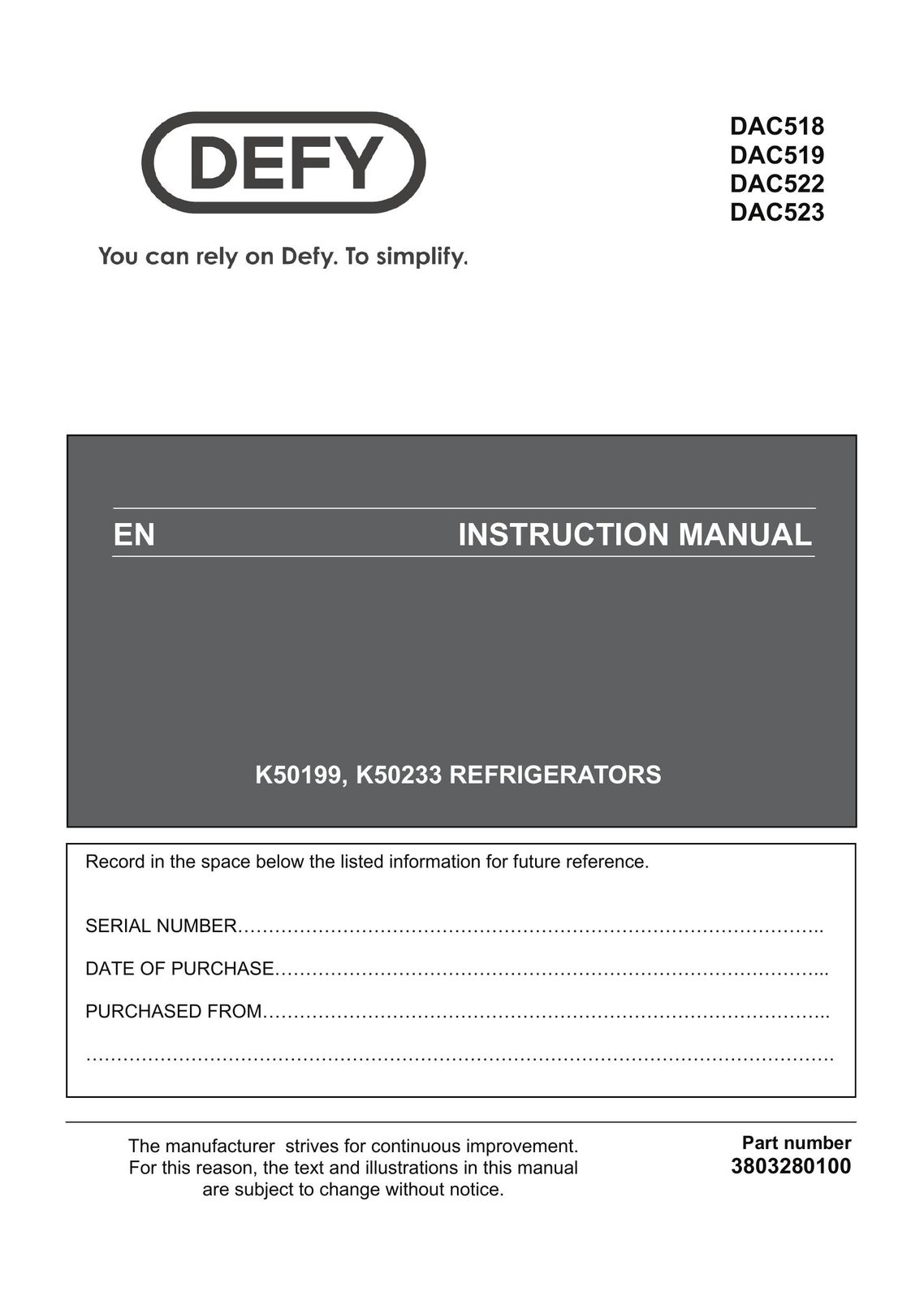 Defy Appliances DAC523 Freezer User Manual