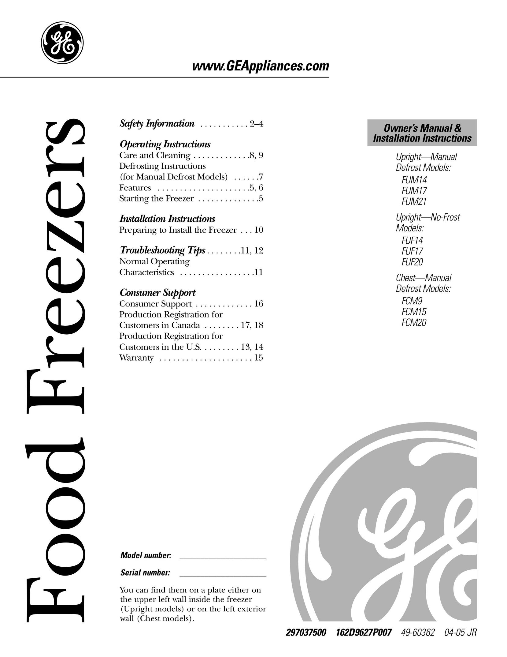 GE FCM 7 Freezer User Manual