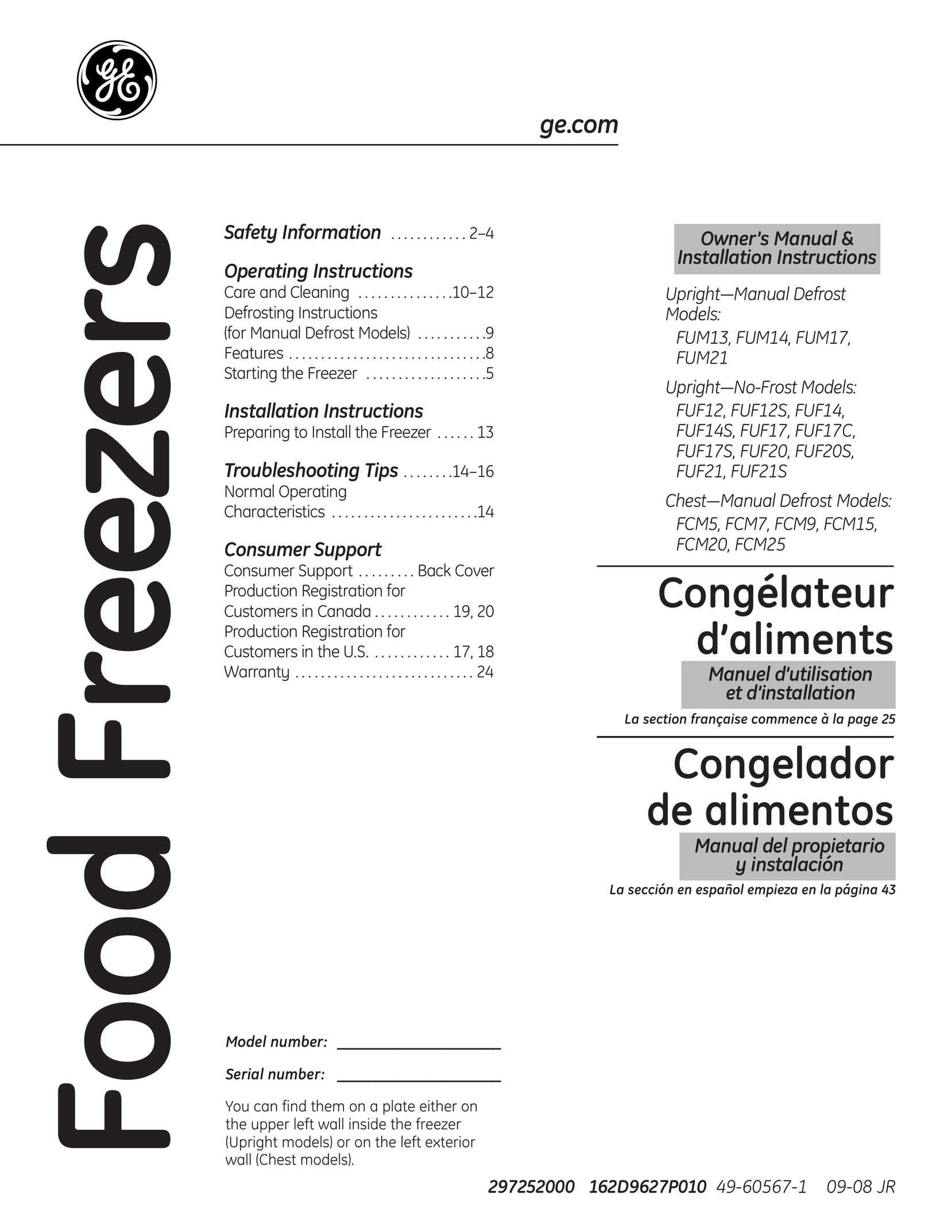 GE FUF12S Freezer User Manual