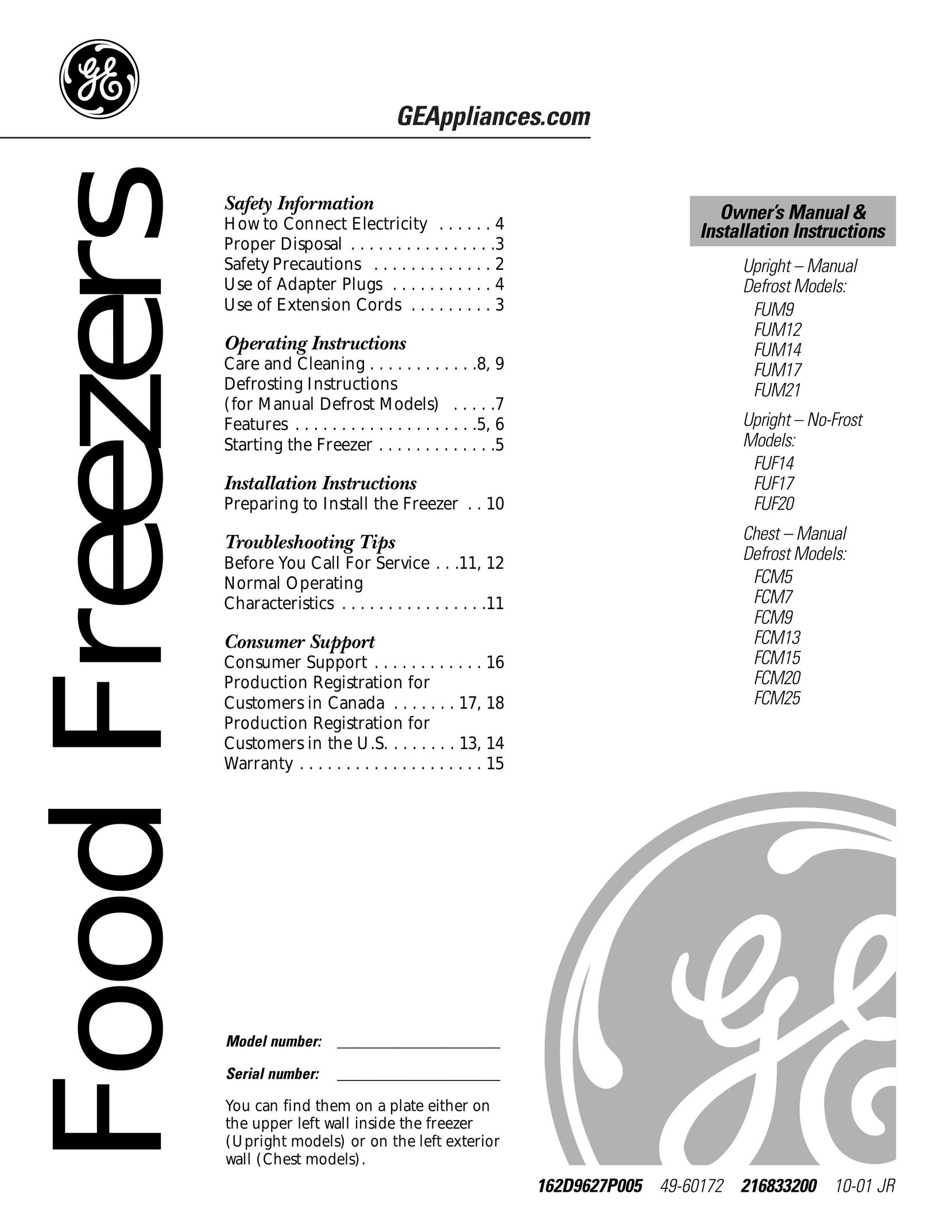 GE FUF17 Freezer User Manual