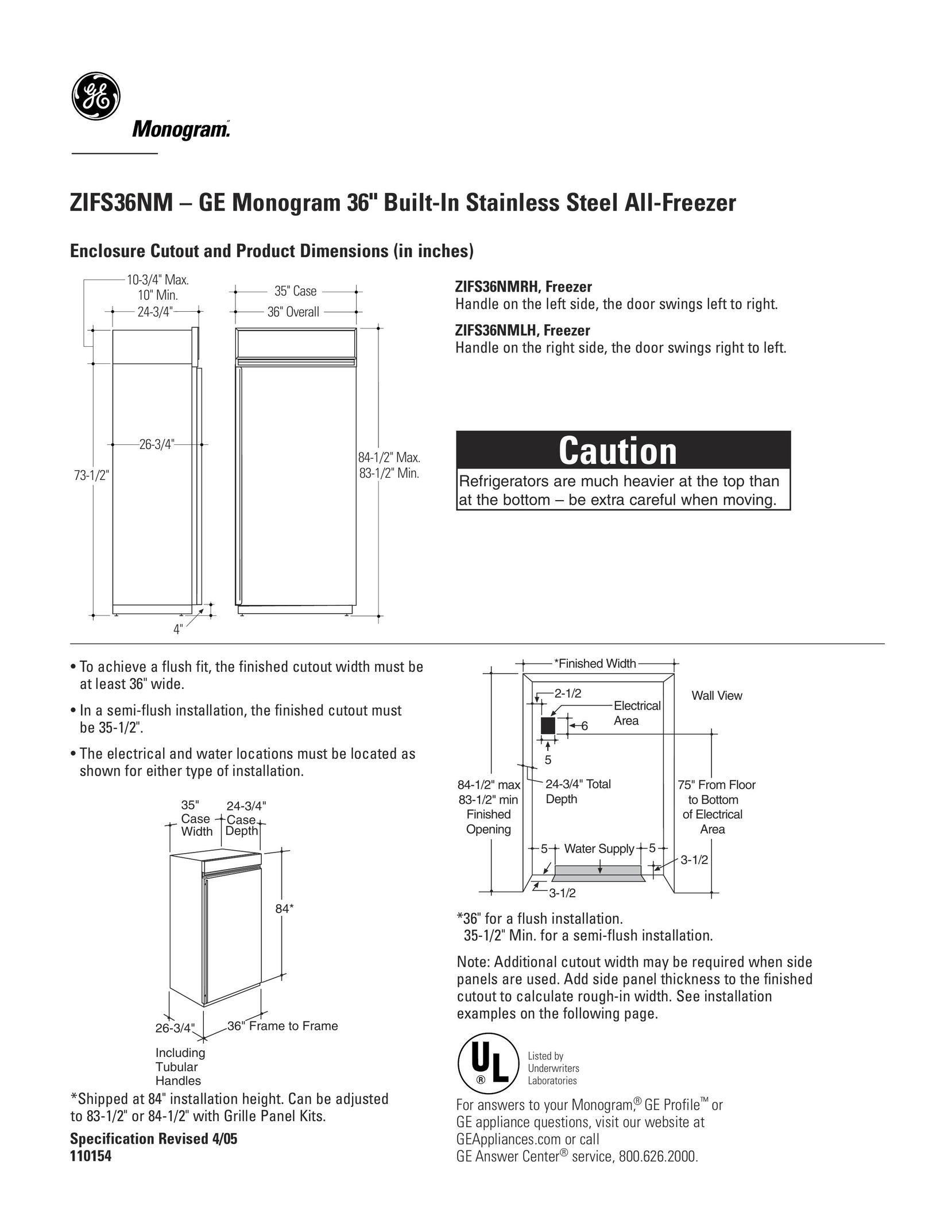 GE Monogram ZIFS36NM Freezer User Manual