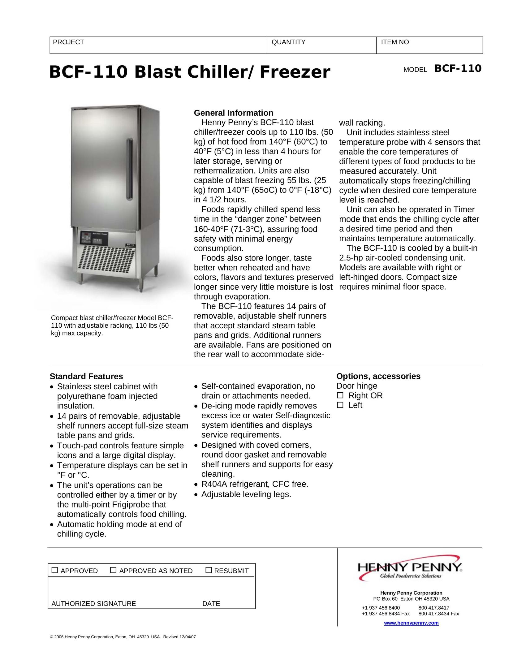 Henny Penny BCF-110 Freezer User Manual