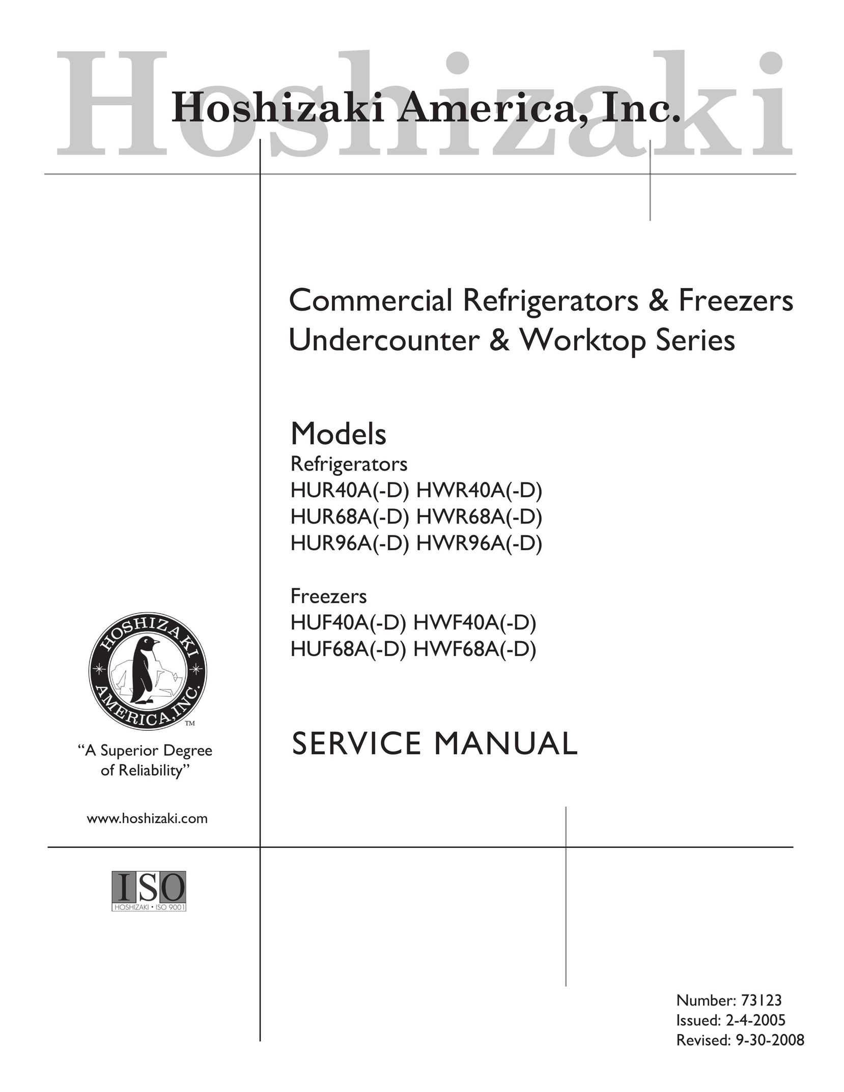 Hoshizaki HUR68A(-D) Freezer User Manual