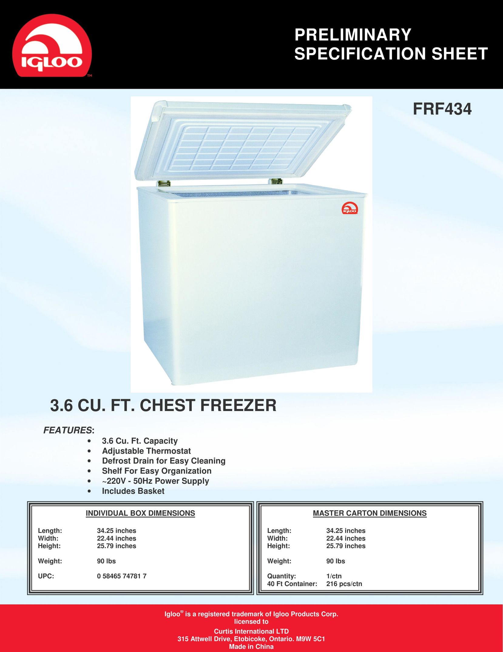 Igloo FRF434 Freezer User Manual