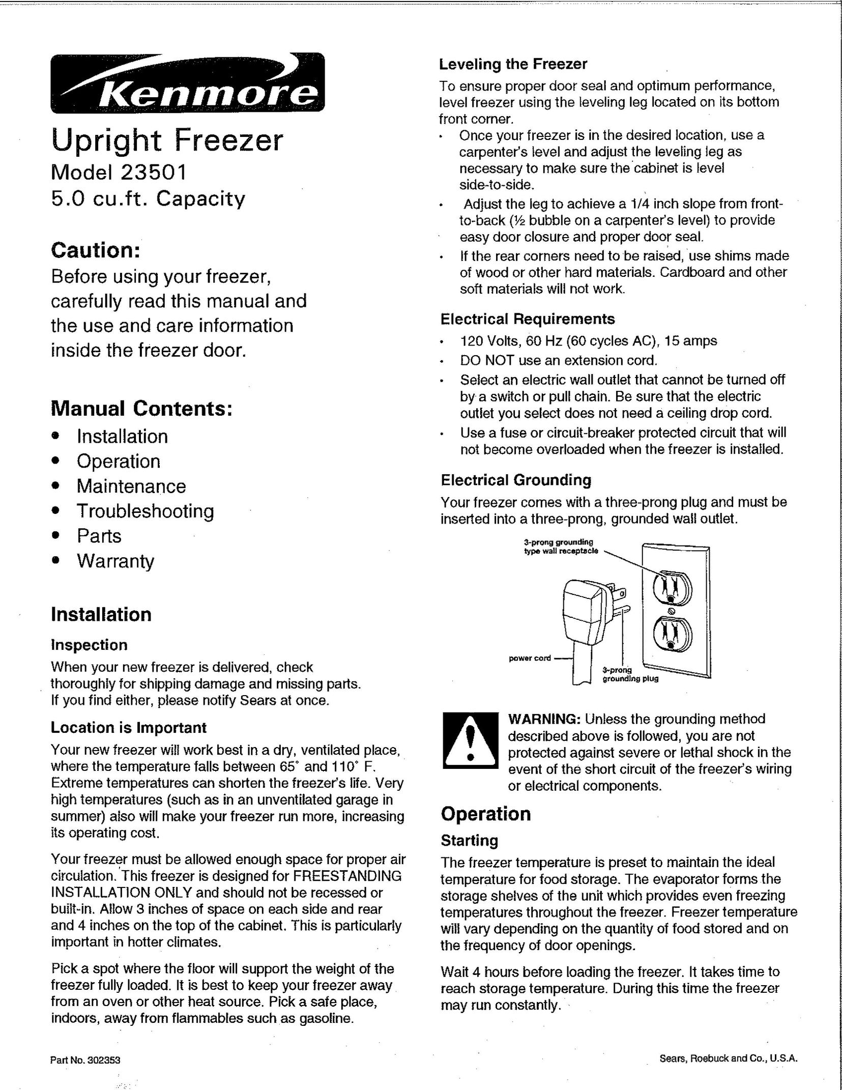 Kenmore 23501 Freezer User Manual