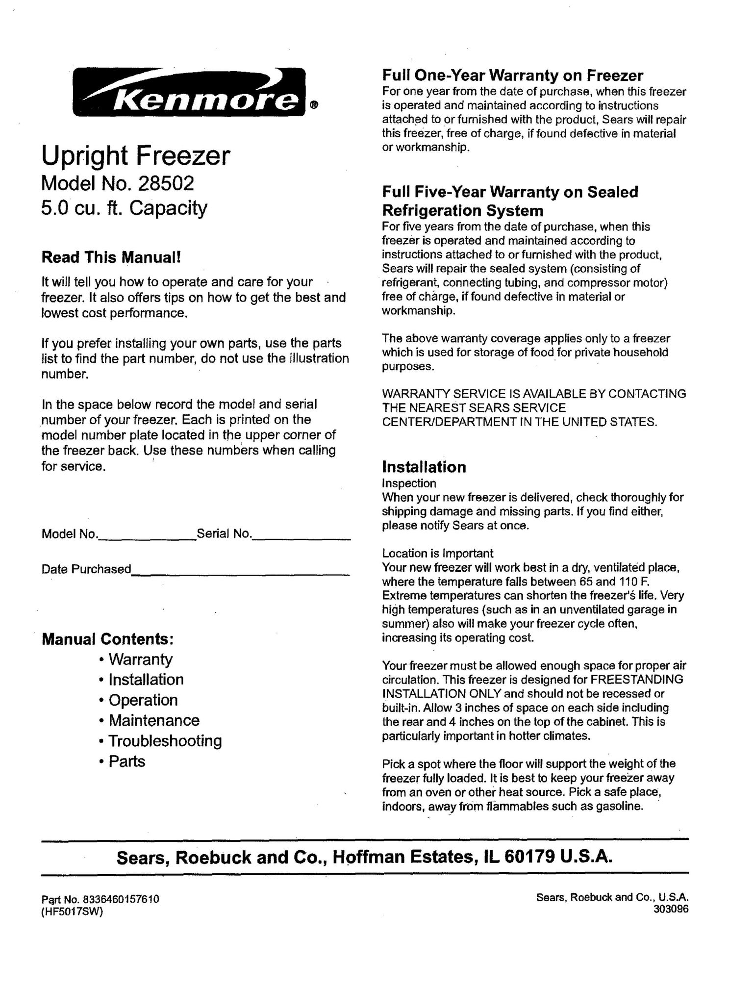 Kenmore 28502 Freezer User Manual