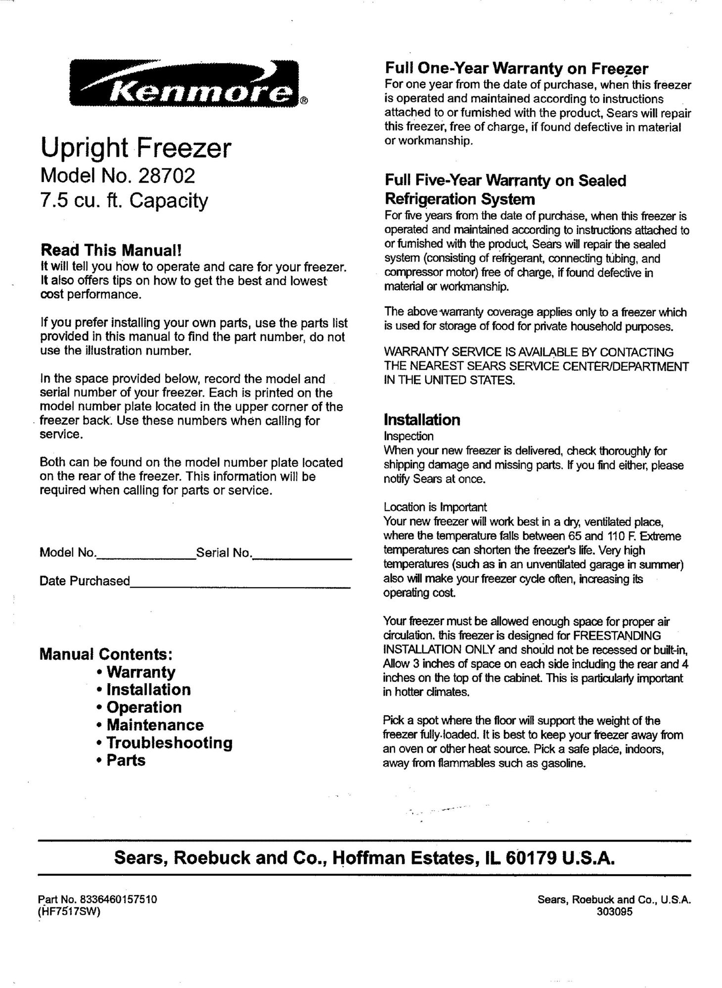 Kenmore 564.28702700 Freezer User Manual