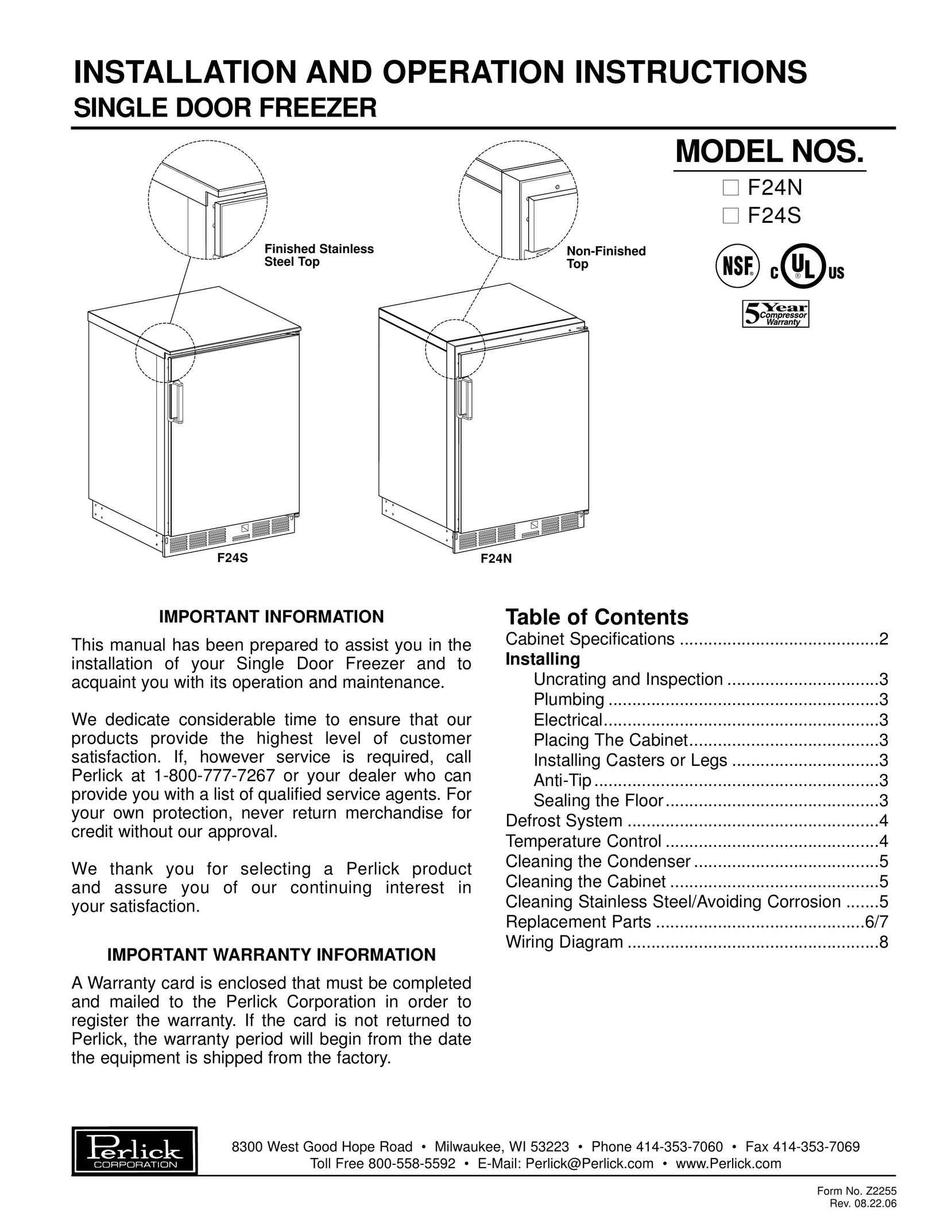 Perlick F24N Freezer User Manual